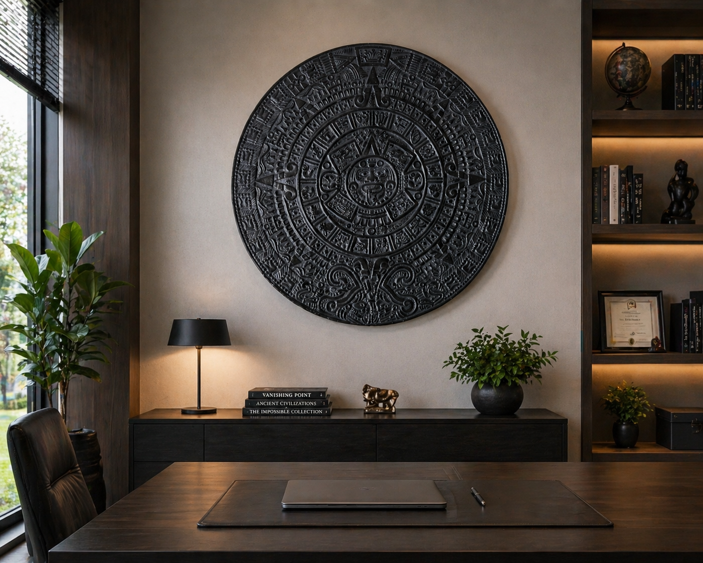 35″ Hand-Cast Aztec Sun Stone Wall Sculpture – Satin Black Finish