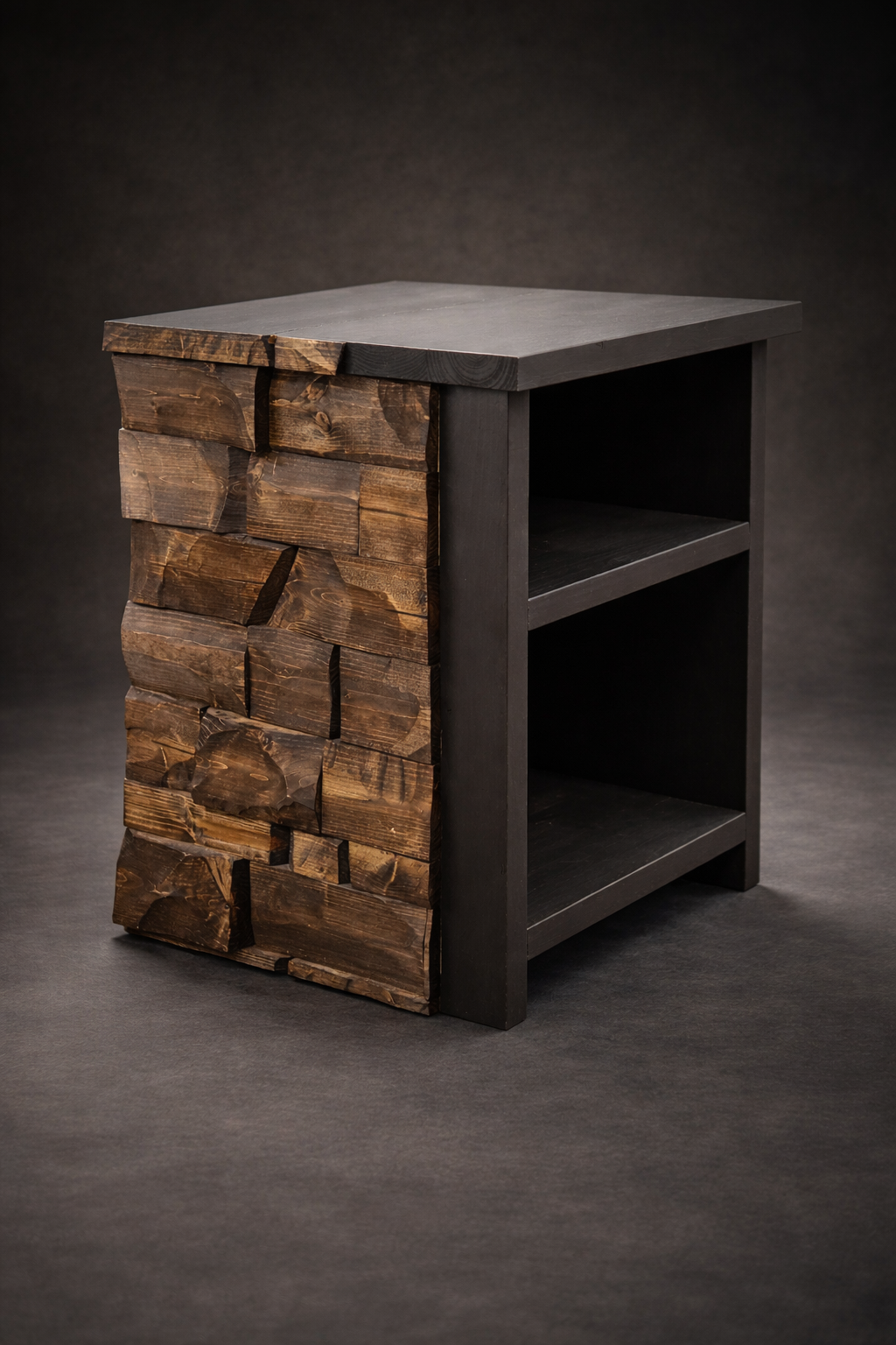 Handcrafted Modern Wooden Side Table with Sculpted Wood Accent