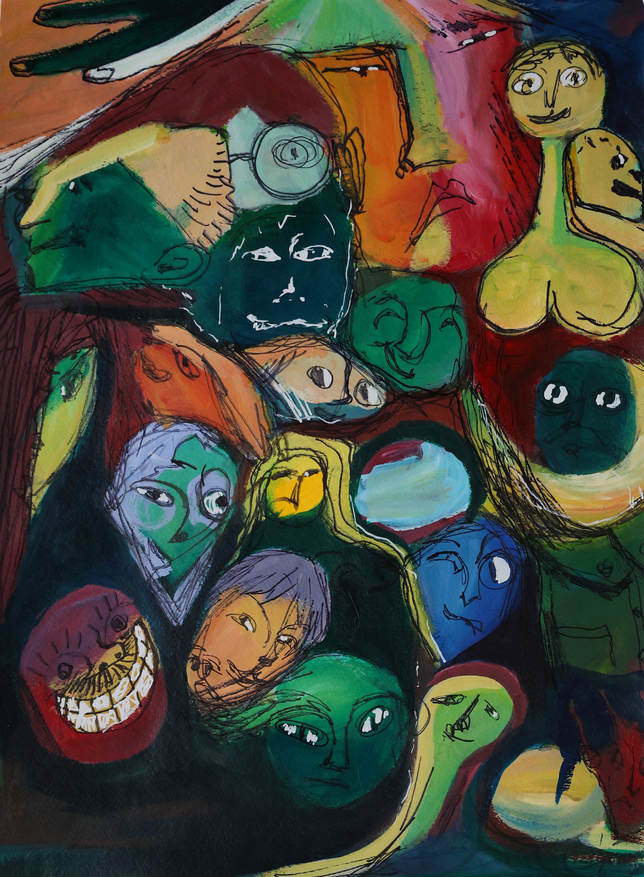 Colorful abstract artwork featuring multiple expressive faces and heads outlined with black lines, filled with vibrant colors like green, blue, yellow, red, pink, and orange.