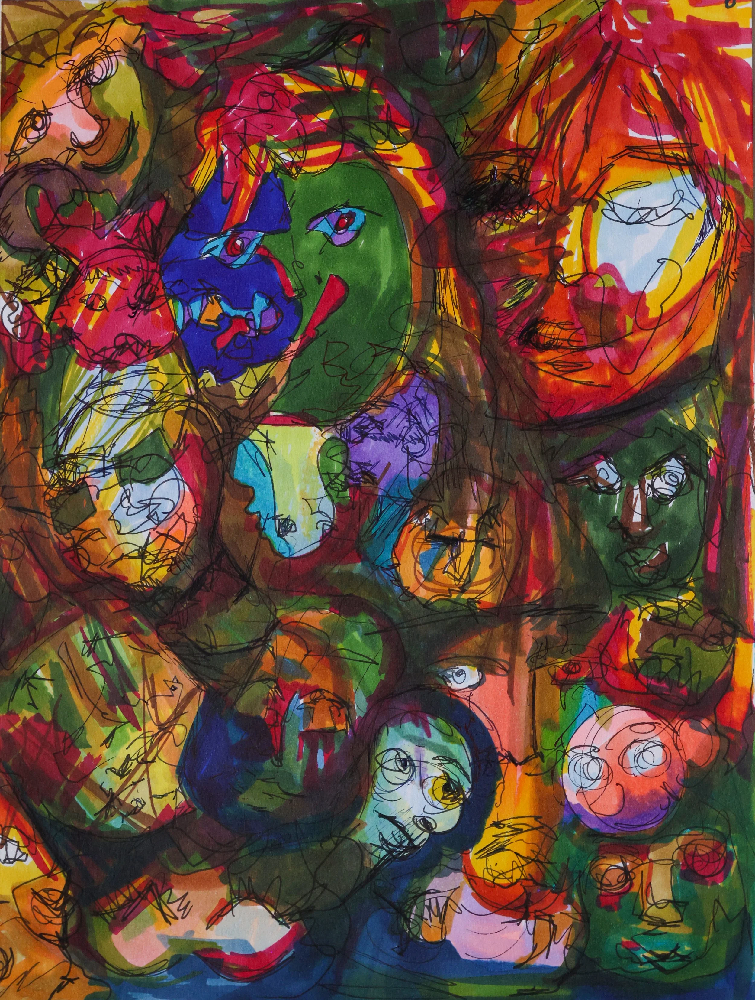 Abstract colorful artwork featuring overlapping sketches of diverse human faces with expressive features, using bold lines and bright colors.