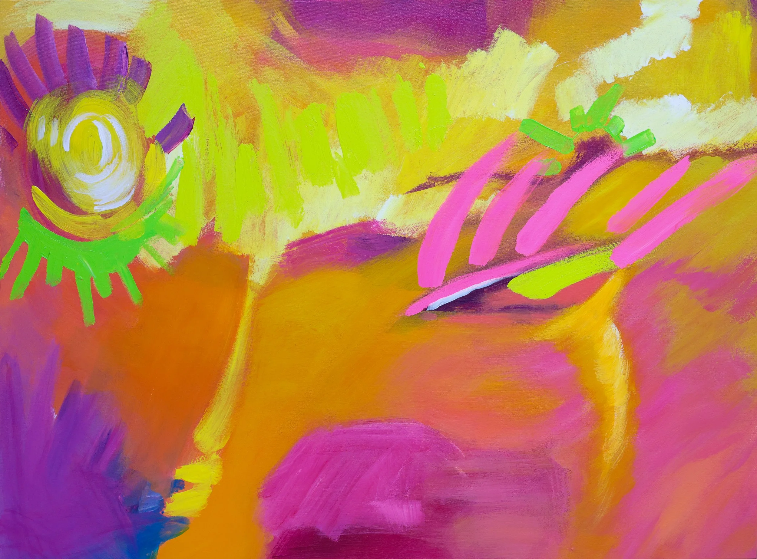 An abstract painting with bright colors including yellow, pink, purple, orange, and green. It has various brushstrokes and shapes, with some areas resembling a sun and possibly flowers or leaves.