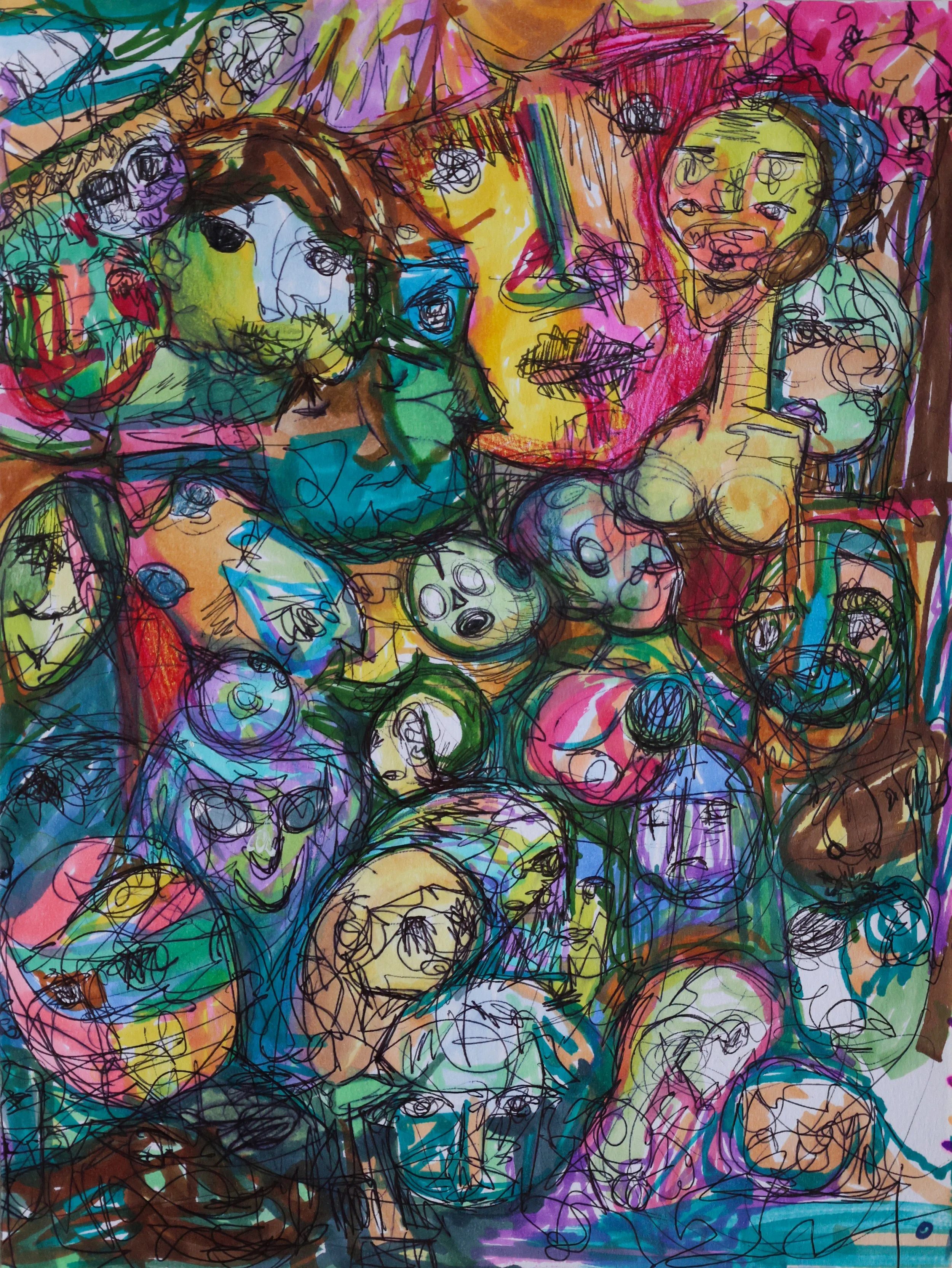 A colorful abstract drawing of multiple human faces and heads with scribbled lines and vibrant colors, capturing a chaotic and expressive scene.