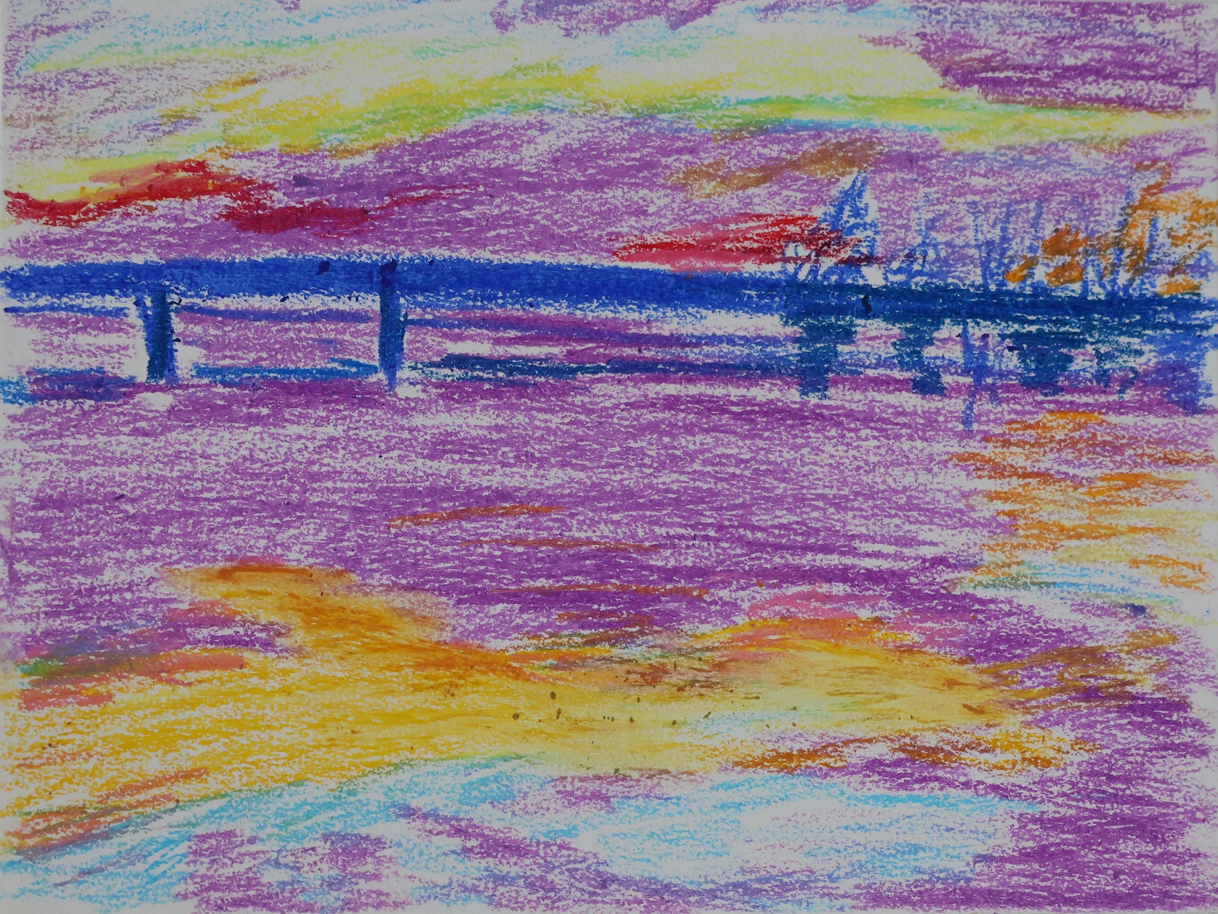 Colorful crayon drawing of a sunset over a bridge and water, with boats in the distance and a vibrant sky.