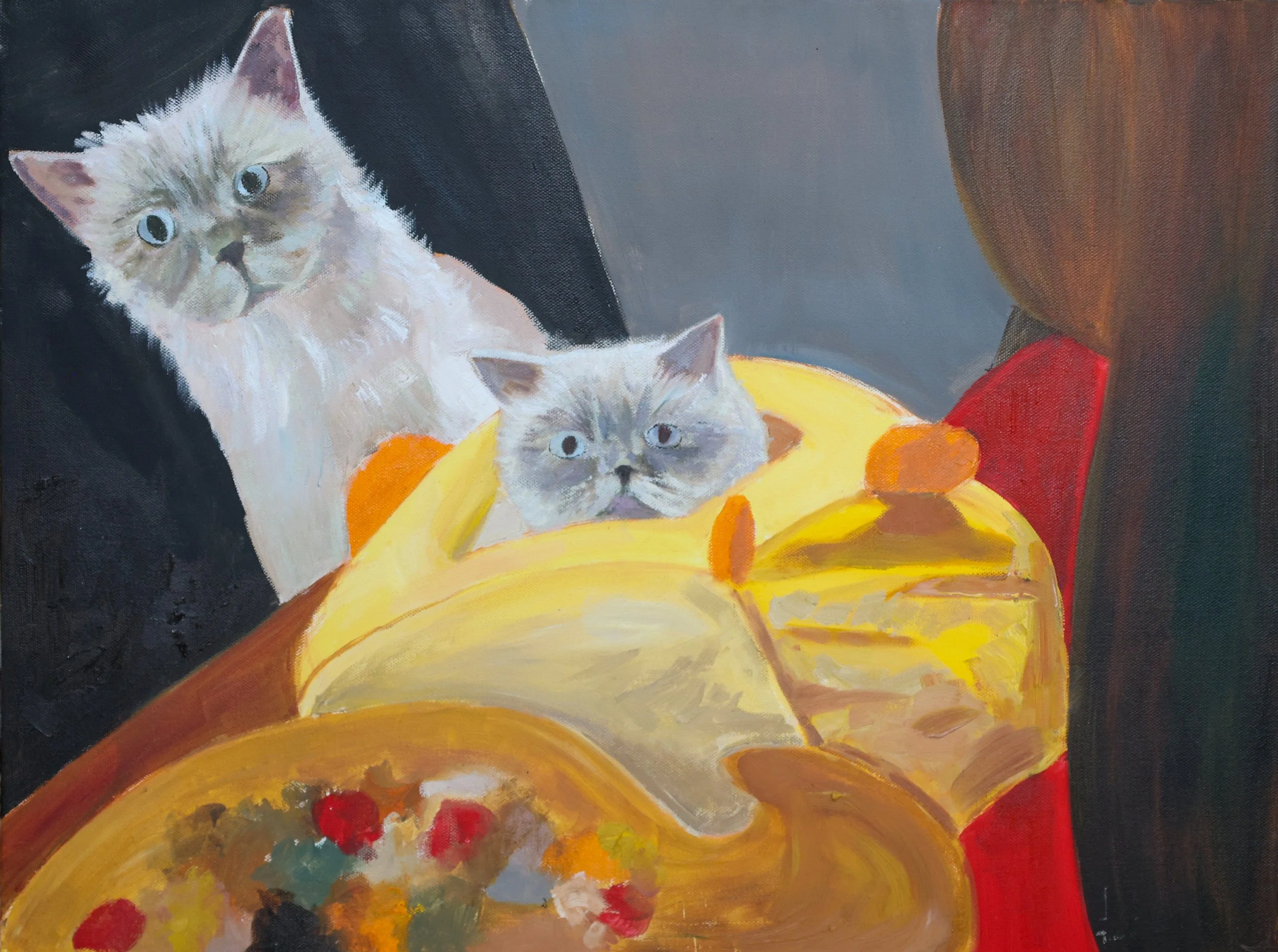 A painting of two cats peeking out of a yellow bowl with a pizza on a red table, with a dark background.