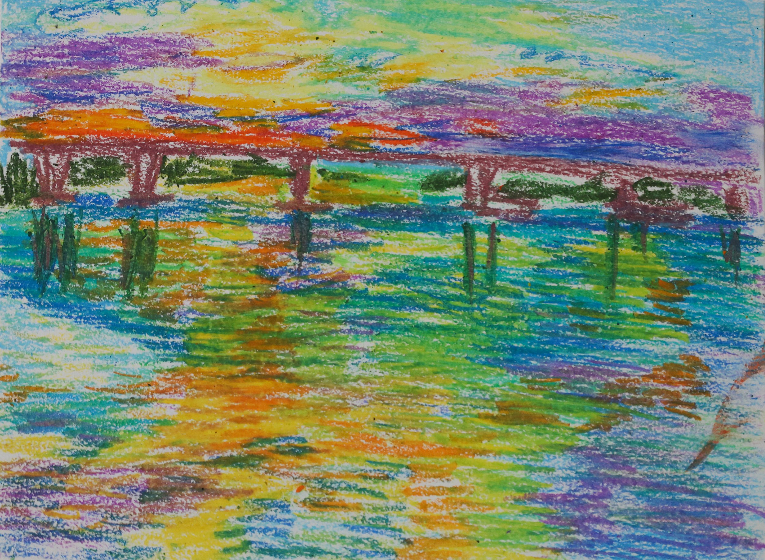 Colorful impressionist landscape drawing of a river with a bridge and trees, featuring vibrant hues of purple, yellow, green, blue, orange, and pink.