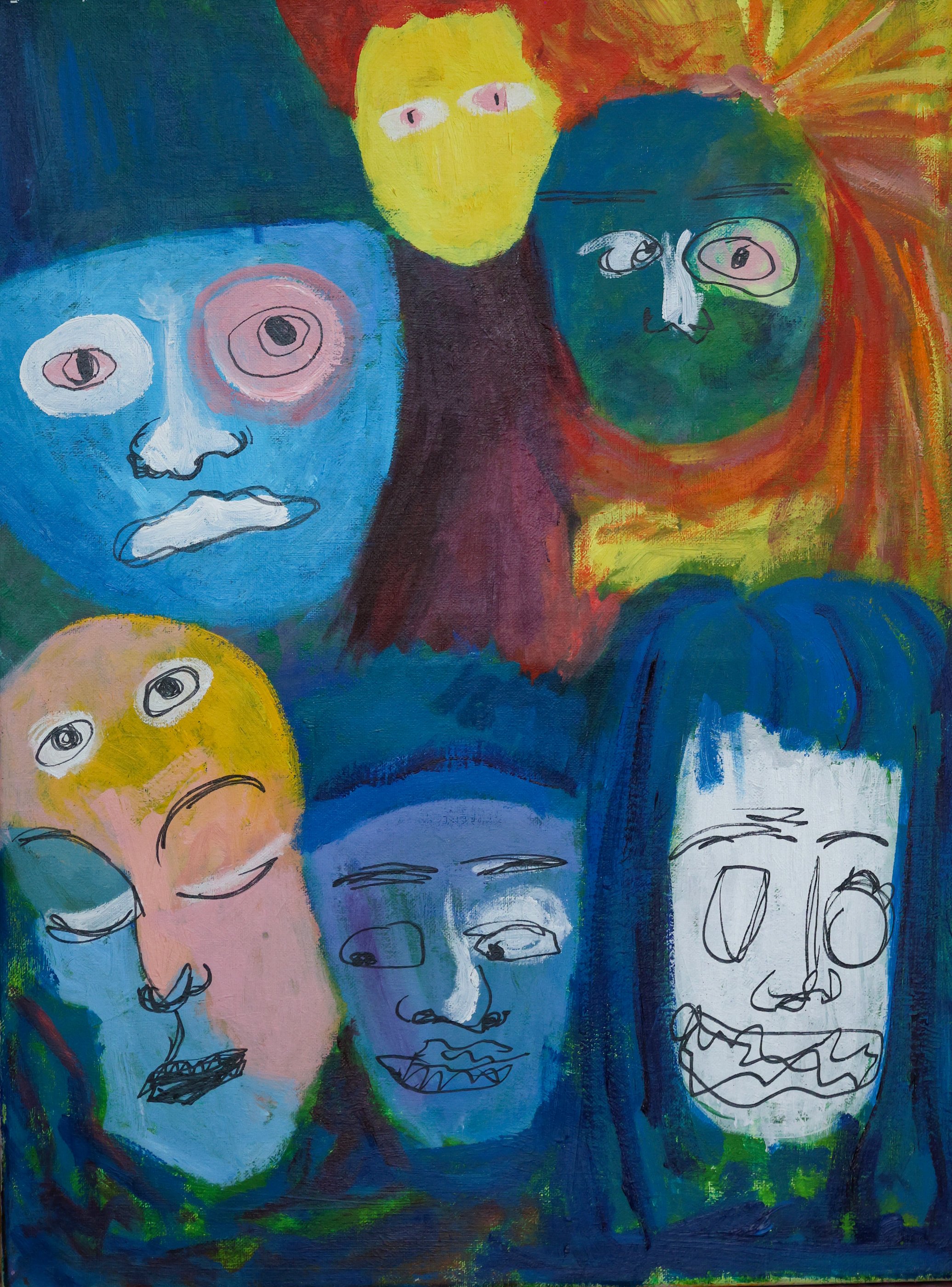 Abstract painting featuring multiple colorful, expressive faces with diverse emotions, in a vibrant and textured style.