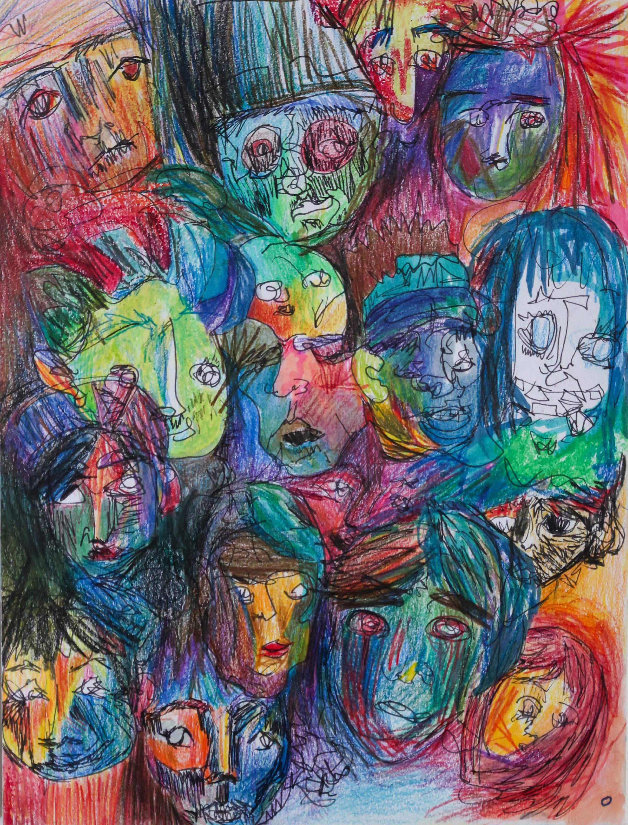 Colorful abstract drawing of multiple overlapping faces with varied expressions, using bright colors and black outlines.