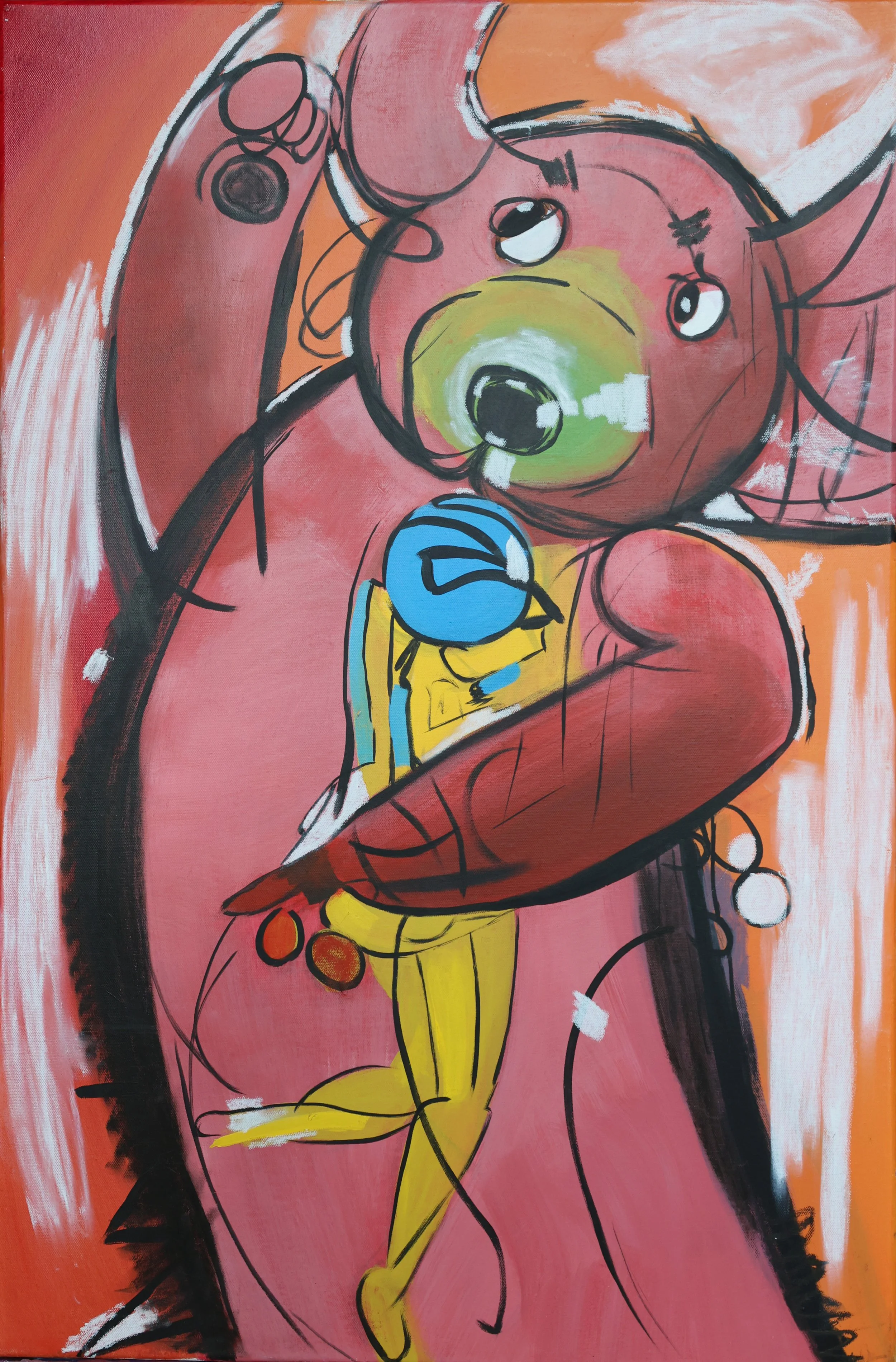 An abstract painting of a bear with a green nose and large eyes, holding a small blue bird against a pink and orange background.