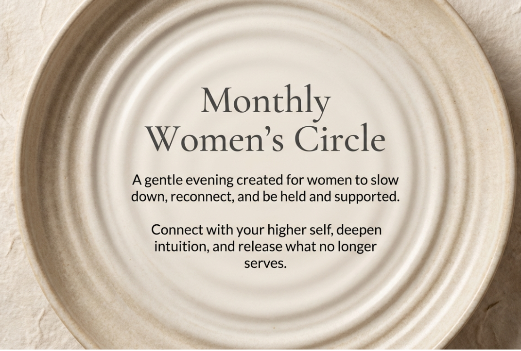 A beige ceramic plate with text promoting a monthly women's circle, encouraging women to relax and reconnect.