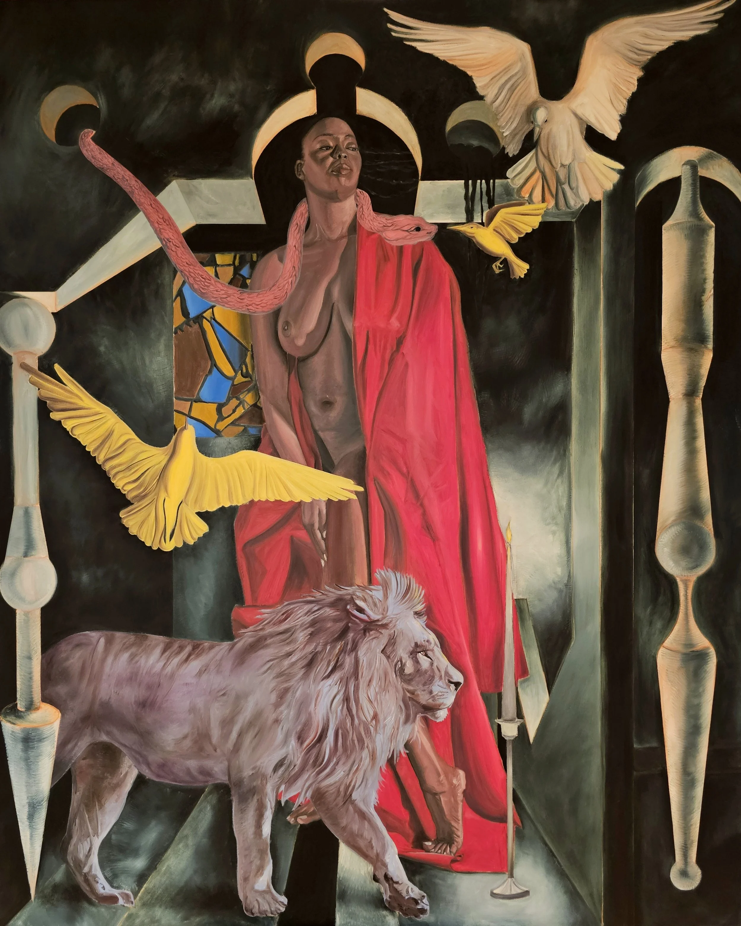 She Who Stood Before the Veil, 
Oil on canvas, 
4' x 5', 
2025