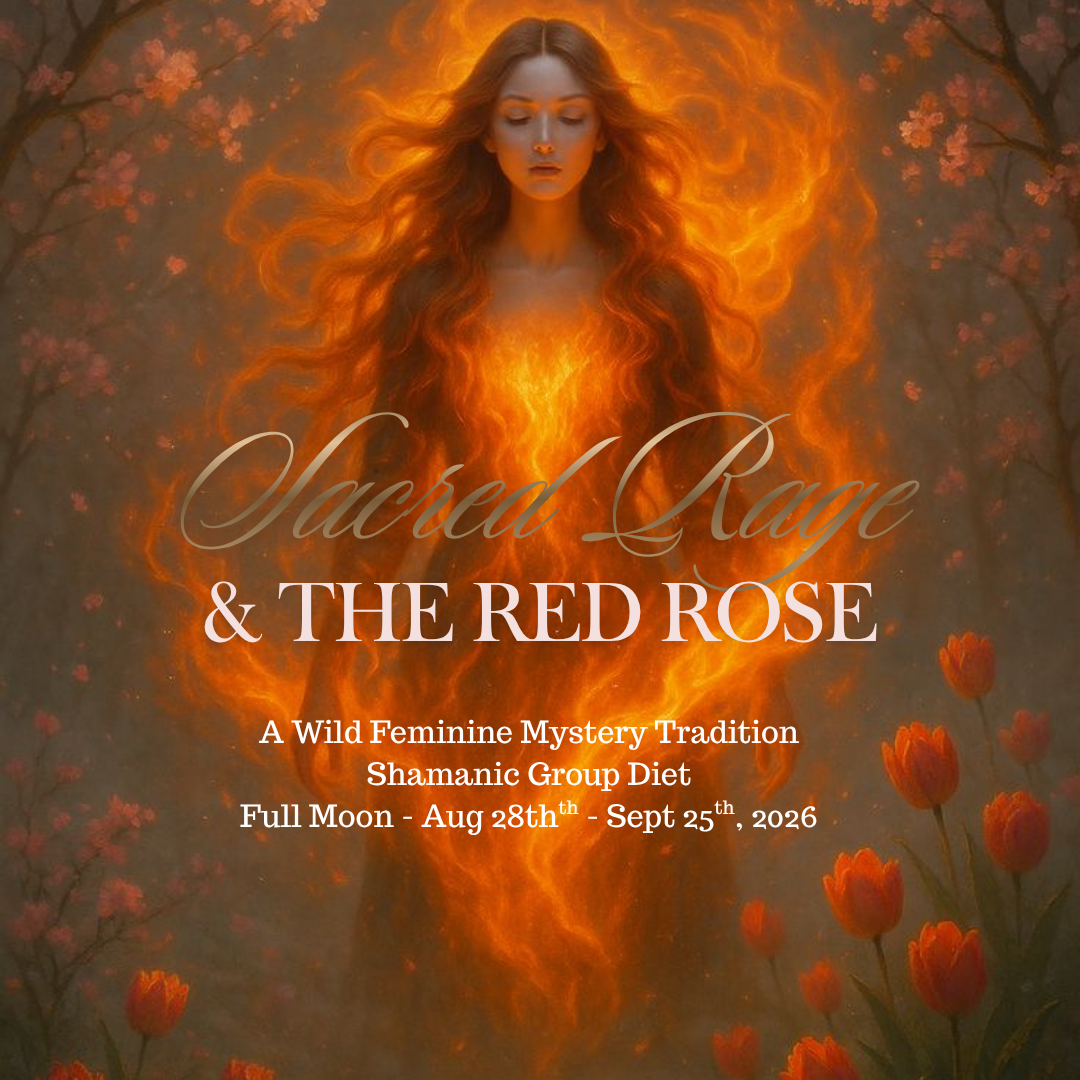 Artwork featuring a woman with long, flowing fiery red hair and flames emanating from her chest, surrounded by pink flowers and branches, with text about a feminine mystery tradition and shamanic diet during the full moon from August 28th to September 25th, 2026.