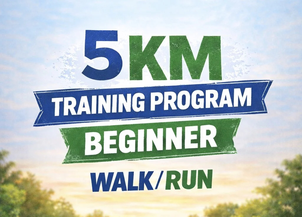 A promotional graphic for a 5K training program designed for beginners, including walk/run options, set against a blue sky with trees at sunset.