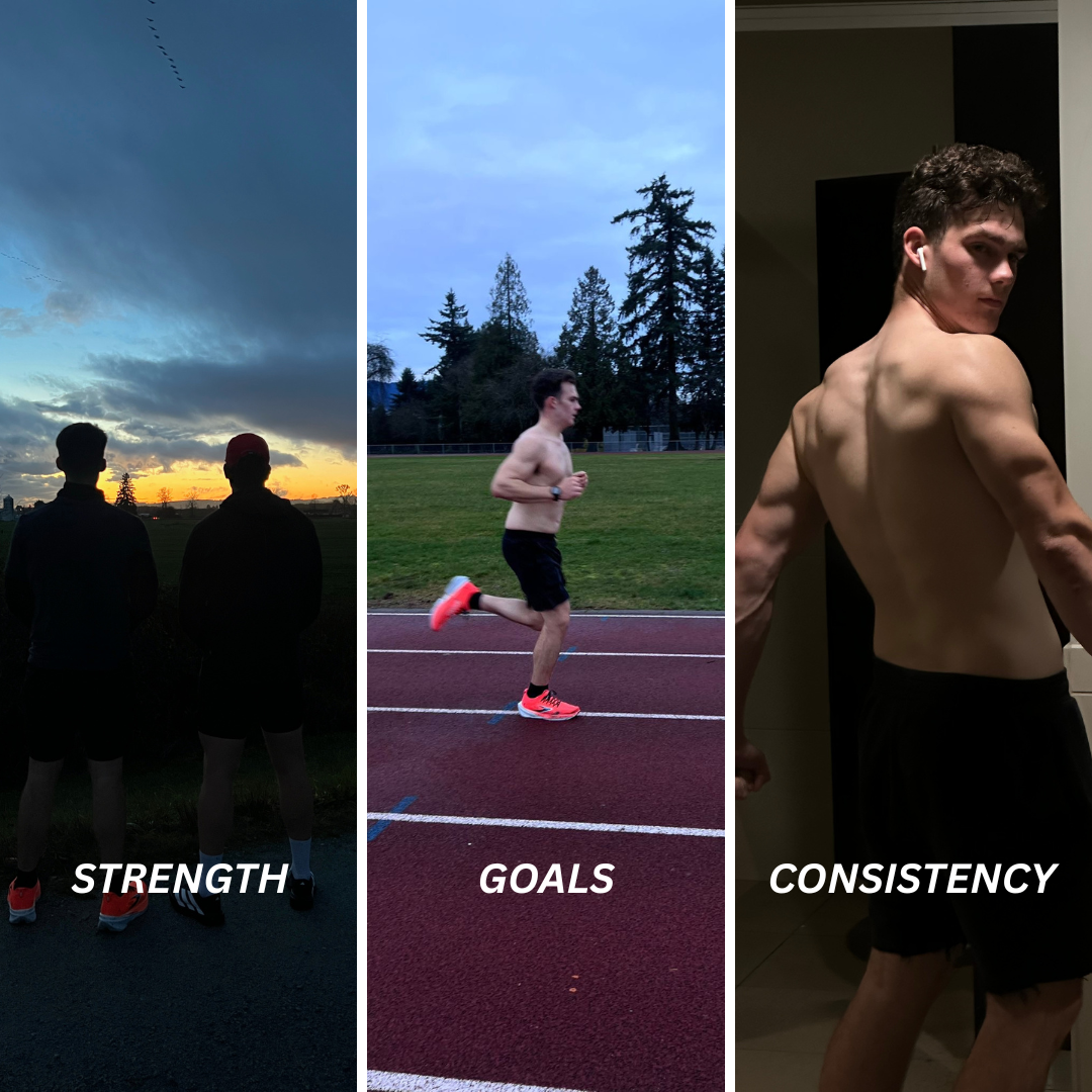 Three photos highlighting fitness themes: two people watching a sunset with the word 'Strength', a man running on a track with the word 'Goals', and a shirtless man showing muscle with the word 'Consistency'.