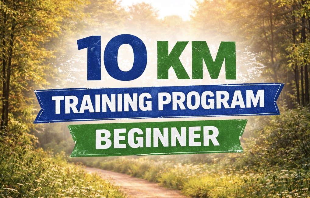Text overlay on a nature trail background reads '10 KM TRAINING PROGRAM BEGINNER', with the trail and trees illuminated by sunlight.
