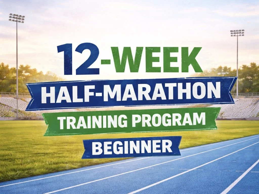 Sign on a stadium field advertising a 12-week half-marathon training program for beginners.
