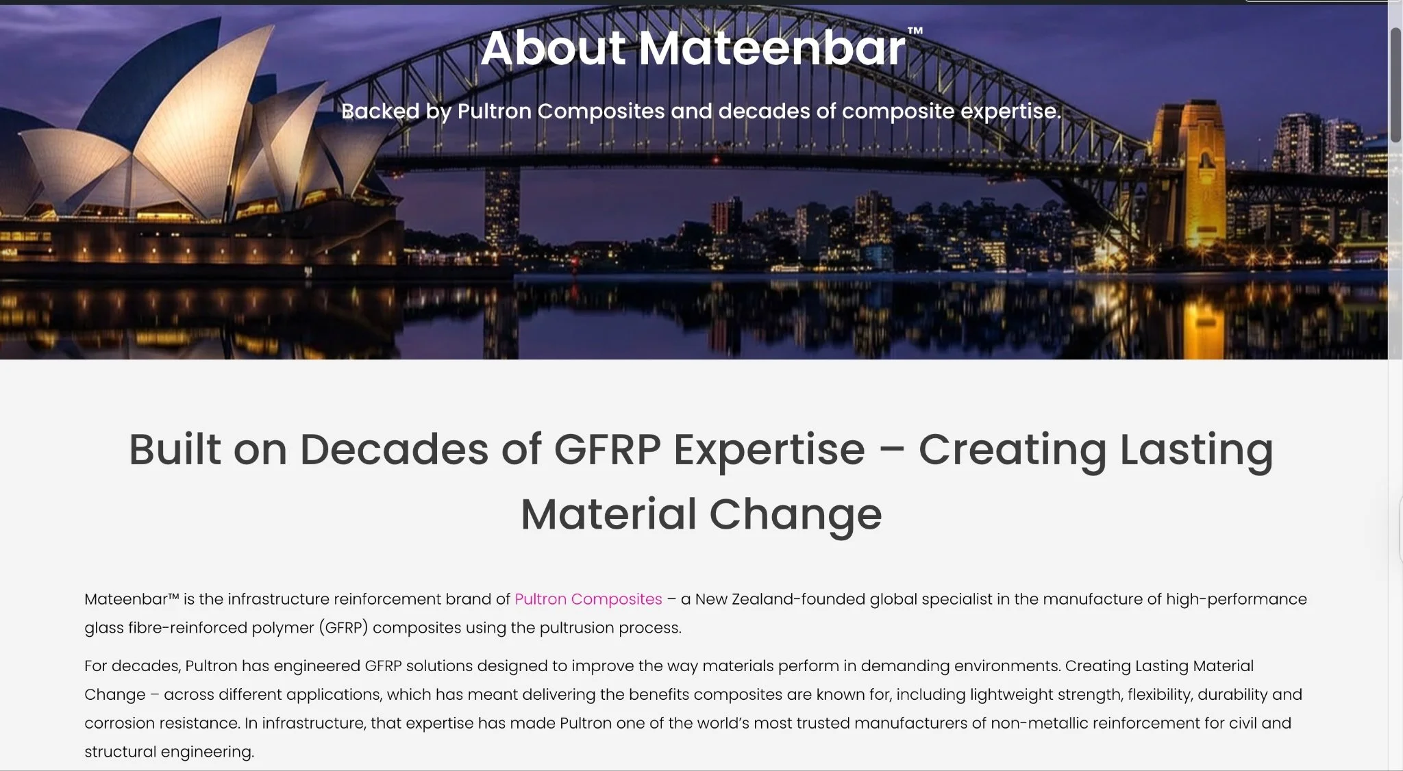 A webpage header for Mateenbar featuring a night view of the Sydney Opera House and Harbour Bridge with text explaining the brand's connection to Pultron Composites.