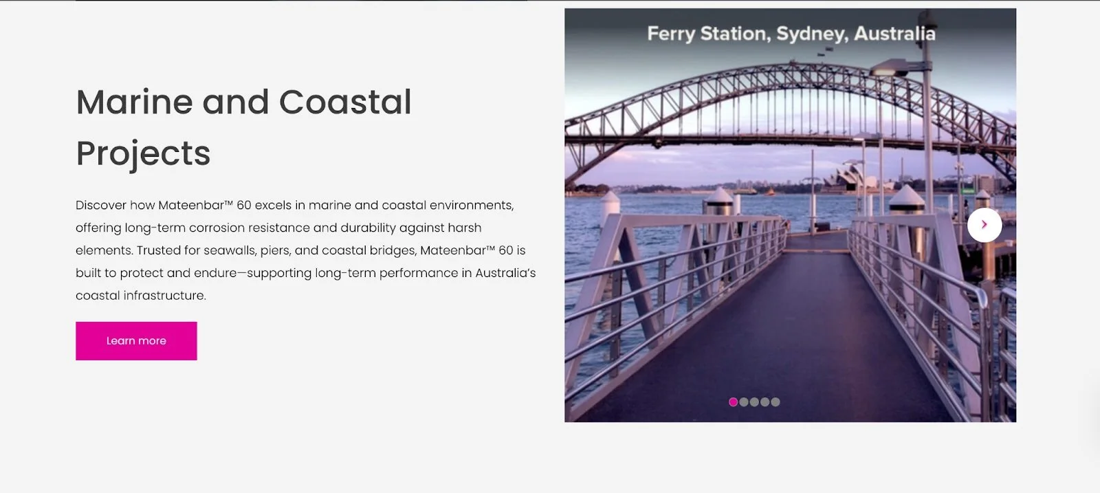 A website section titled "Marine and Coastal Projects" alongside a photo of a ferry station walkway in Sydney, Australia, highlighting the use of Mateenbar 60 in harsh environments.