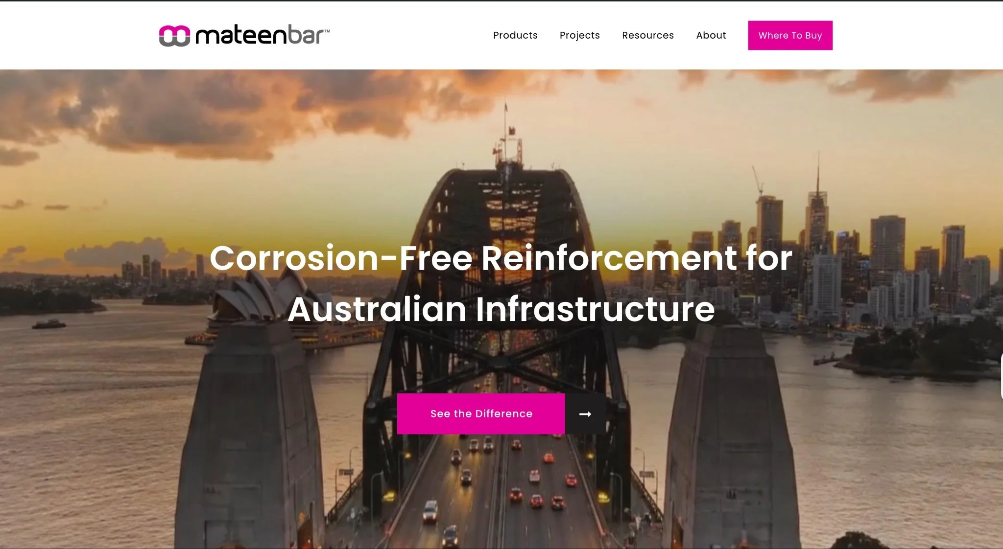 The homepage banner for Mateenbar Australia featuring a sunset view of the Sydney Harbour Bridge and a headline promoting corrosion-free reinforcement for infrastructure.
