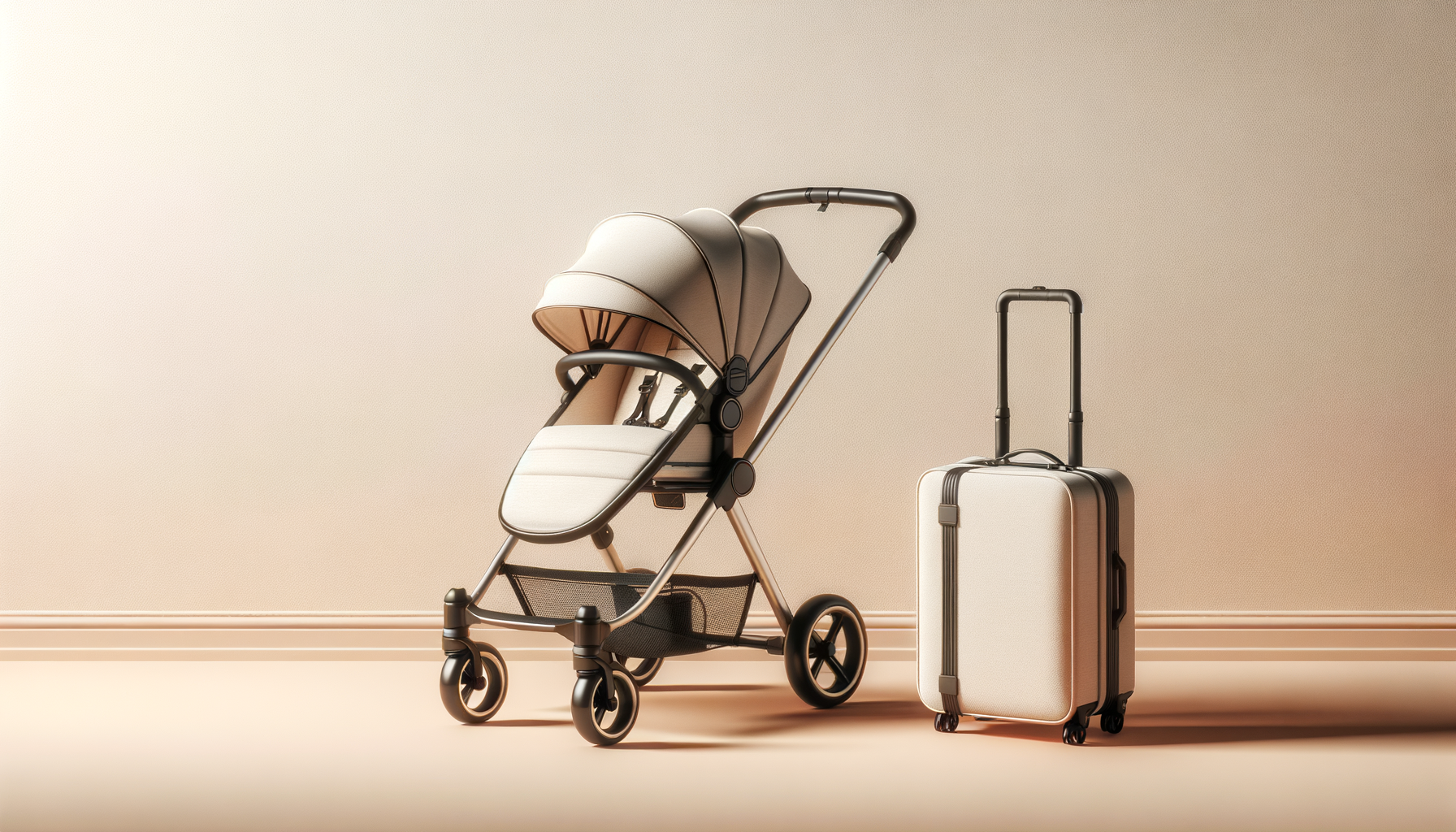 A beige baby stroller with a brown canopy next to a cream-colored rolling suitcase with an extended handle, against a plain beige background.
