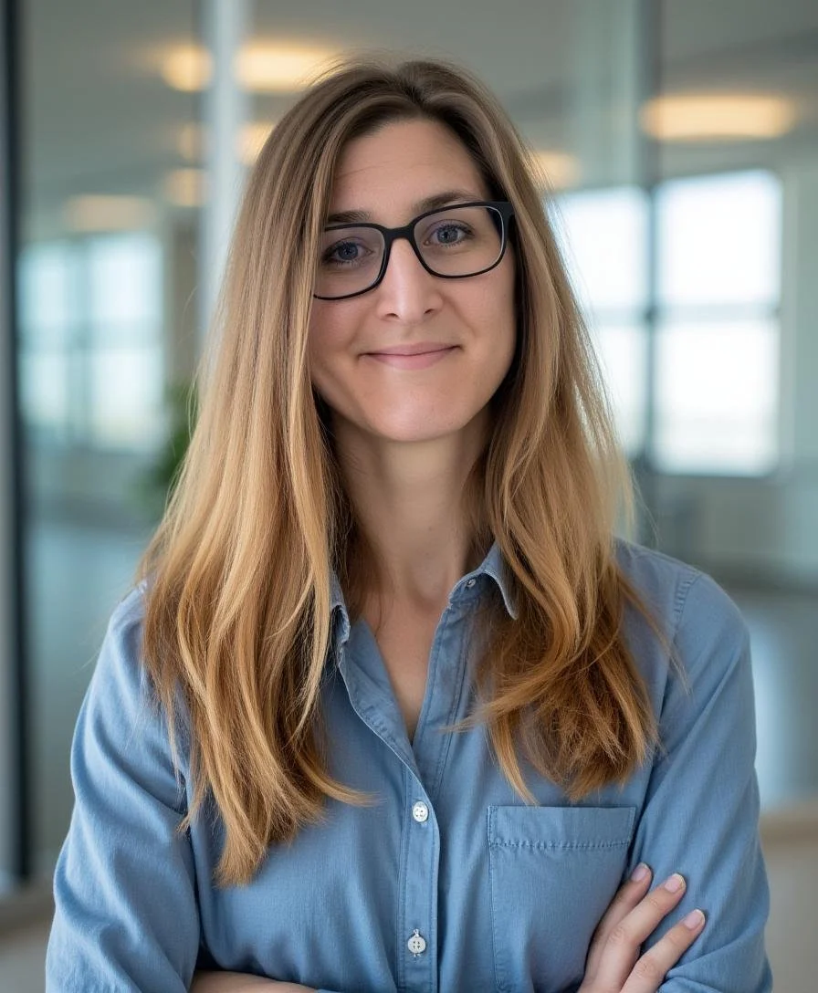 A woman with long blond hair and black glasses smiling, wearing a blue button-up shirt, in an office setting with glass walls and windows.
