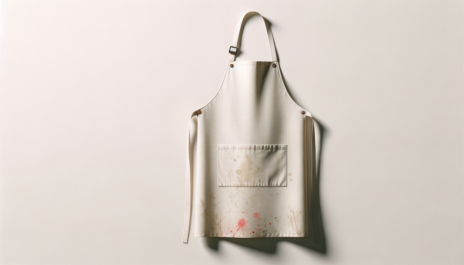 A beige apron with paint stains hanging on a light-colored wall.