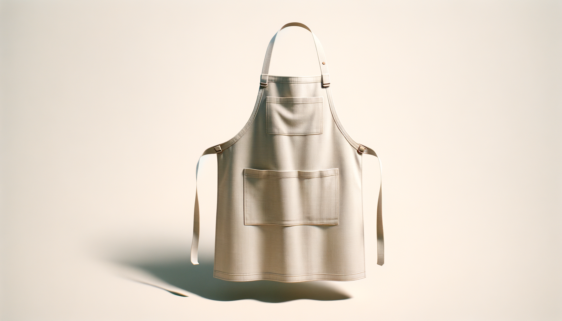 Beige apron with front pockets hanging against a light background, casting a shadow.