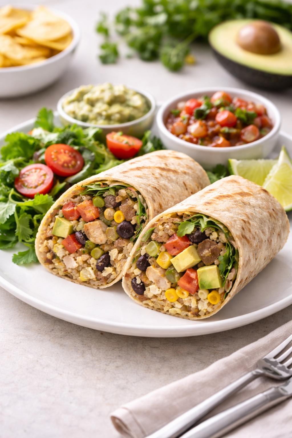 A white plate with two veggie burritos sliced in half, accompanied by cilantro, tomato, lemon wedges, guacamole, salsa, and a side salad. In the background, there are bowls of potato chips, guacamole, and salsa, with avocado and cilantro plants.