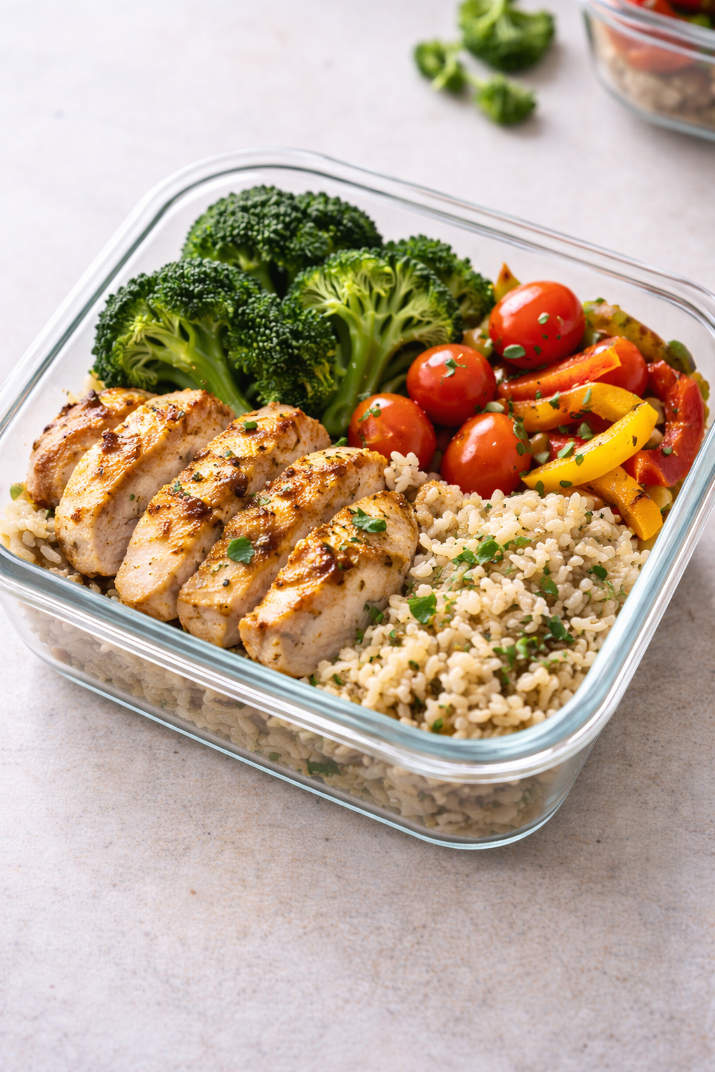 A glass meal prep container filled with grilled chicken slices, cooked rice, broccoli, cherry tomatoes, and a colorful vegetable medley, arranged neatly.