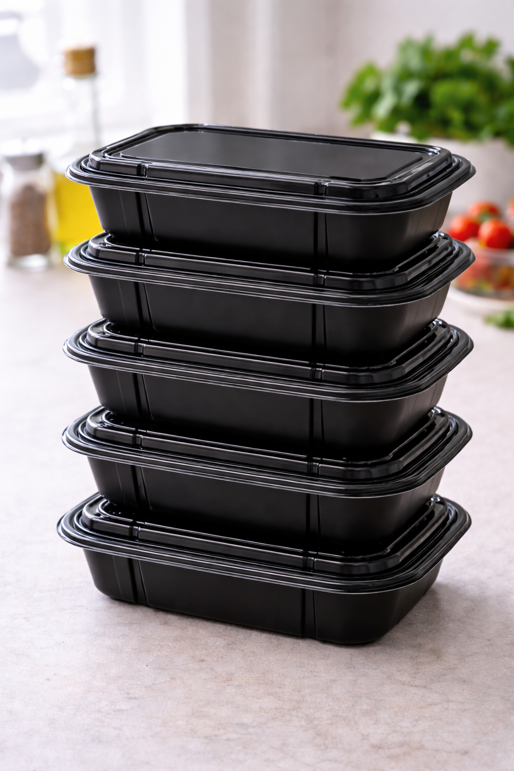 A stack of four black takeout containers with lids on a light-colored counter, with blurred kitchen items and a bowl of tomatoes in the background.