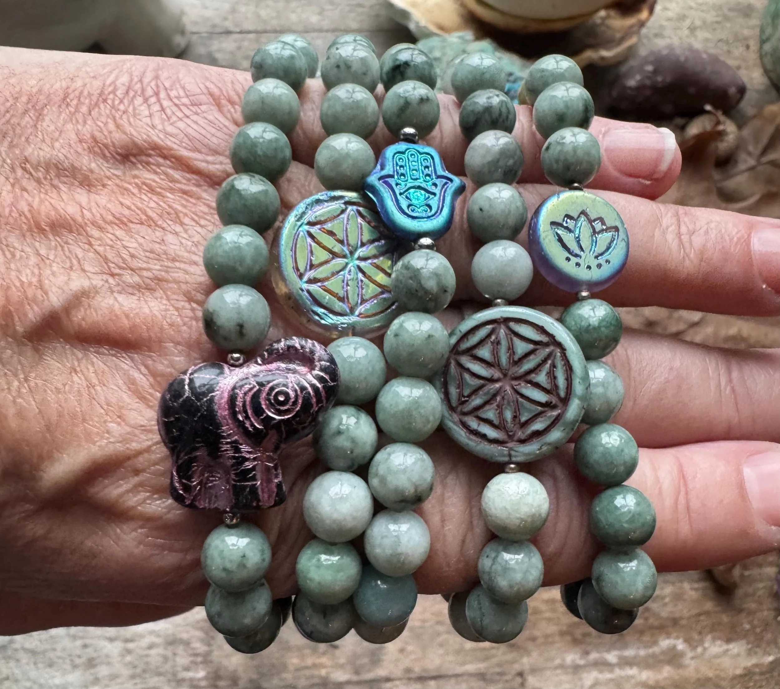 Burmese Jade Nugget Bracelet with Czechoslovakian Pressed Glass Daisy – Harmony, Abundance & Positive Energy