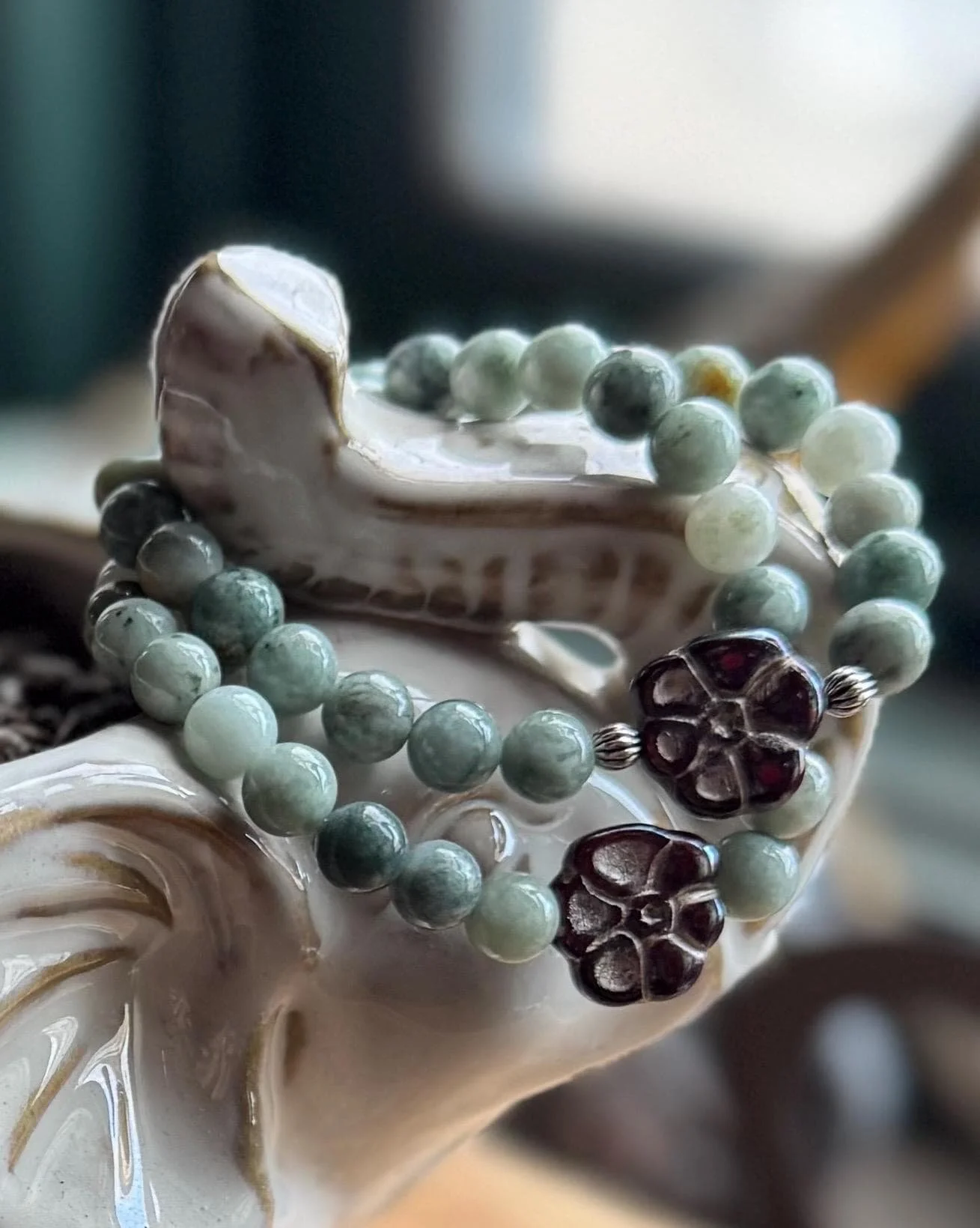 Burmese jade 8mm beads with Czechoslovakian pressed glass burgundy primrose bead
