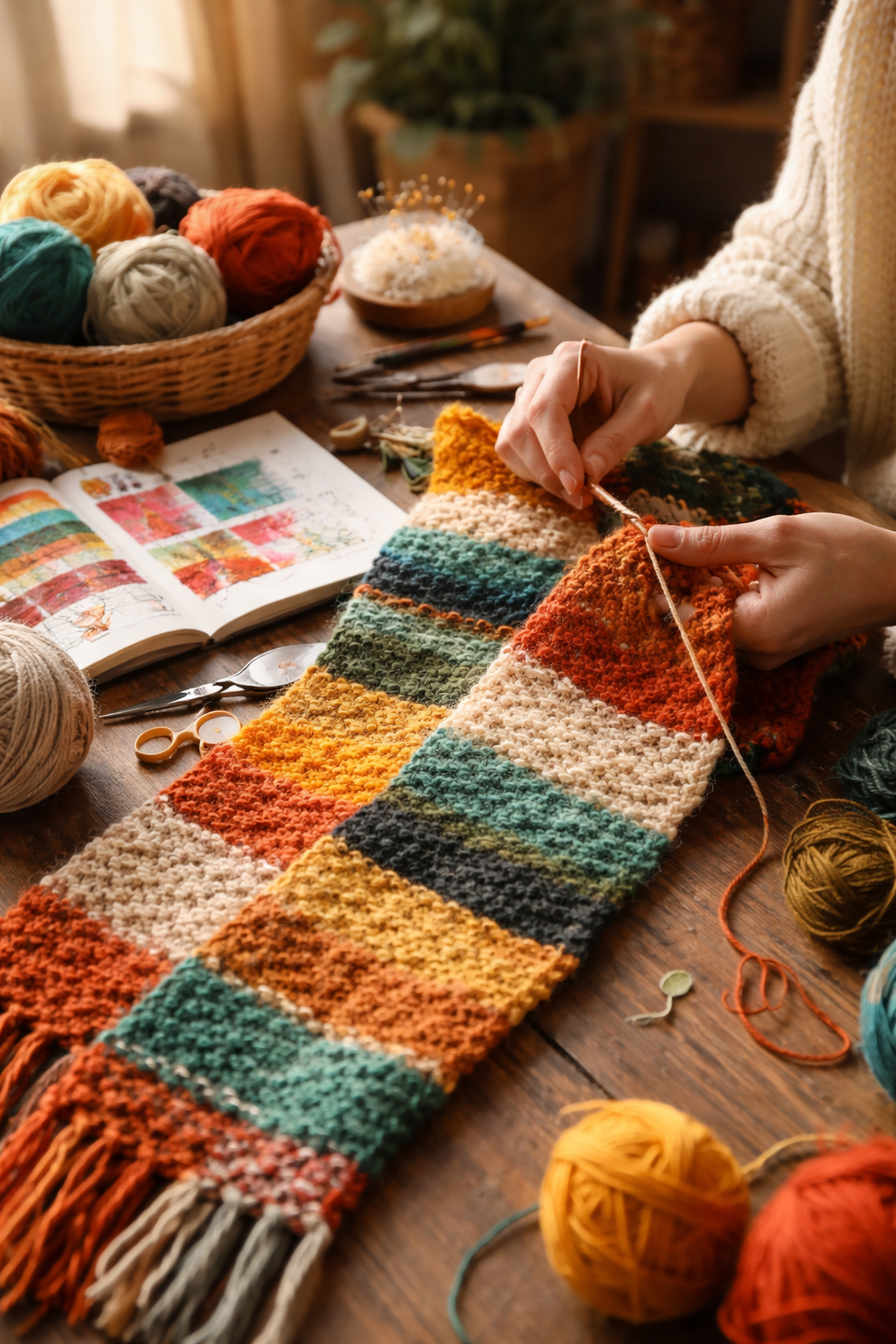 Person knitting a multicolored striped scarf at a wooden table surrounded by yarn balls, knitting tools, and a reference book.