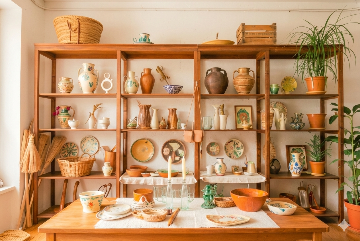 A wooden kitchen shelf filled with various ceramic and pottery items, including vases, bowls, and decorative plates, with some plants and framed art pieces, and a wooden table in front holding additional ceramics, candles, and kitchen utensils.