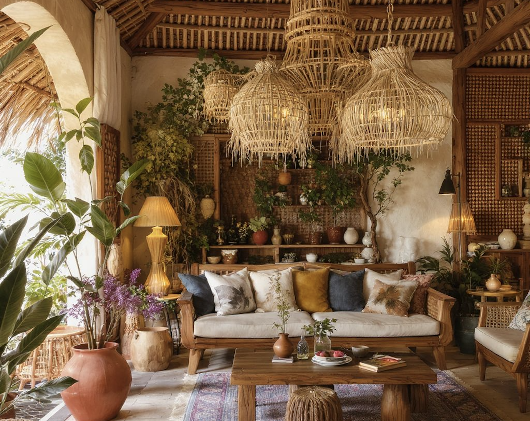 A cozy living room with a rustic and bohemian decor style. Features a wooden sofa with multiple colorful and patterned pillows, surrounded by various plants, including a large potted plant and smaller plants on tables. There is a woven coffee table with books and decorative items, a rug on the floor, and several woven pendant lights hanging from the ceiling. The room has warm lighting and natural sunlight coming through a nearby window, with an open, airy feel enhanced by textured walls and wooden accents.