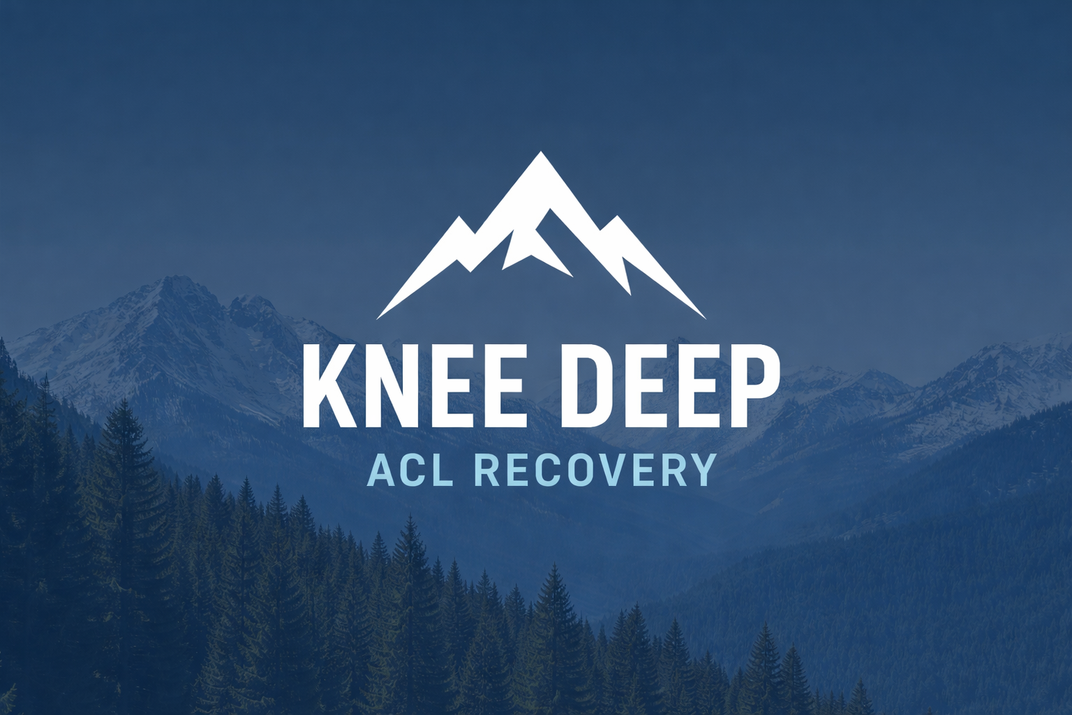 Knee Deep ACL Recovery Logo with white mountains in front of a snowy mountain background