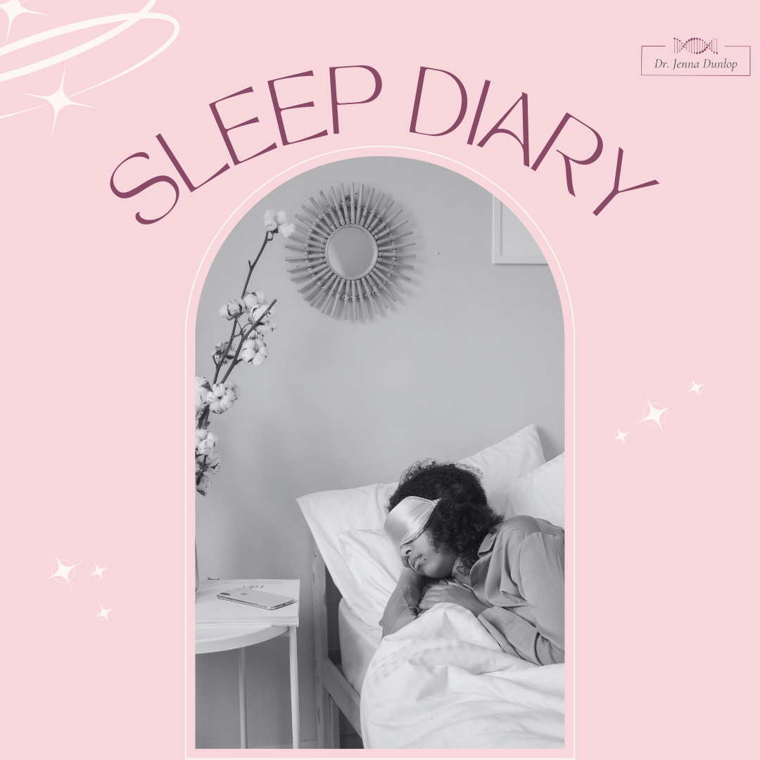 A woman with curly hair, wearing a sleep mask, sleeping in bed with white pillows and sheets. There is a bedside table with a book and a stylized flower arrangement, a mirror on the wall, and a decorative wall hanging.