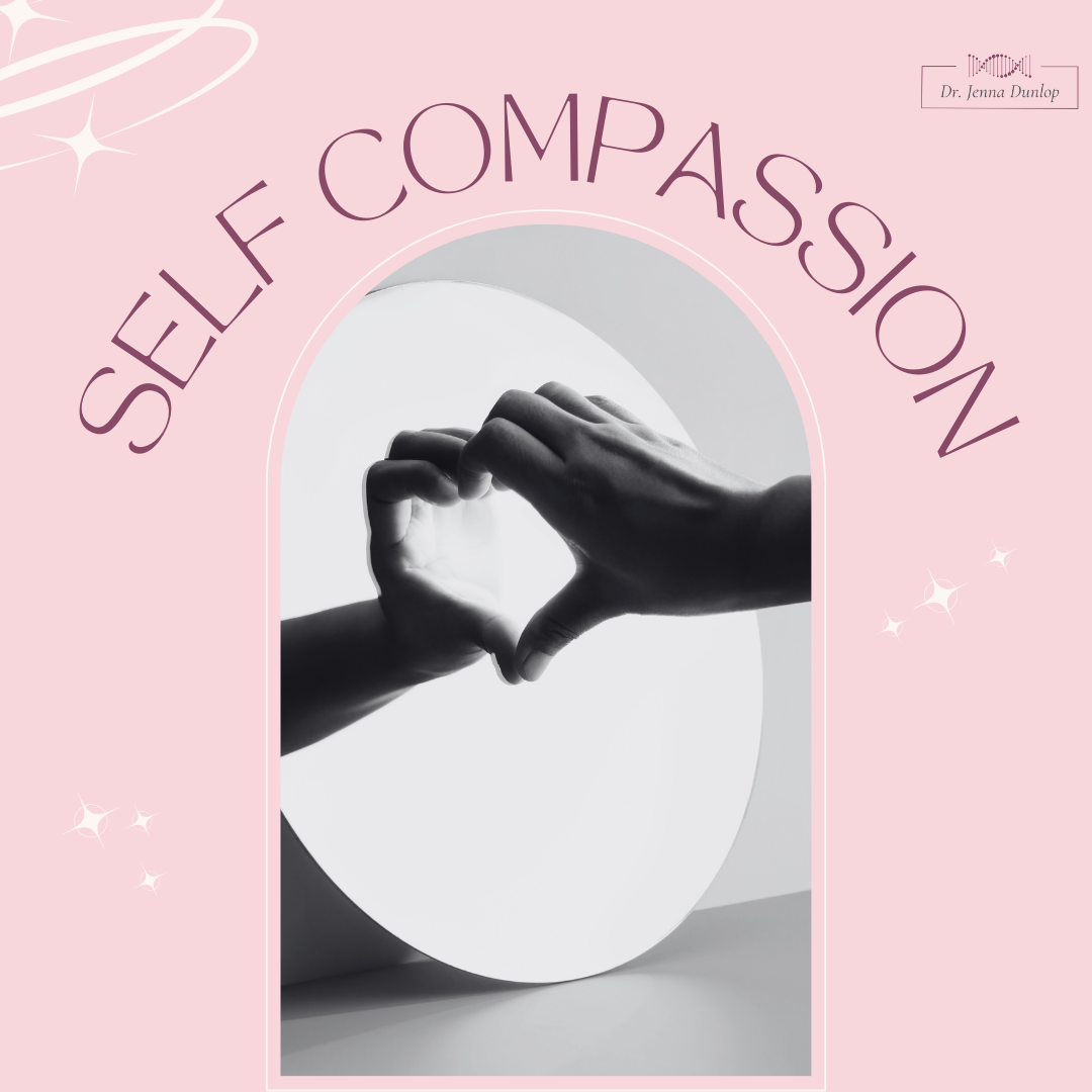 A digital graphic design with a pink background featuring white stars and curved lines, with the words "Self Compassion" written in purple. The central image is a black-and-white photo of two hands forming a heart shape, positioned in front of an oval mirror.