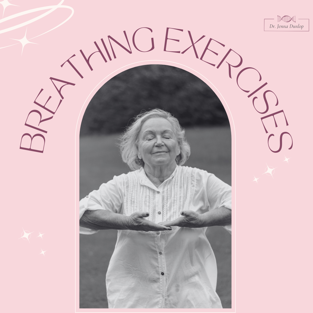 A woman with gray hair practicing yoga outdoors, eyes closed, with her arms extended and palms facing each other in a meditative pose, in a black and white photograph. The background is blurred greenery, and there is a light pink overlay with decorative sparkles. The text reads 'BREATHE A THING EXERCISES' and a small signature reads 'Dr. Jenna Dunlop'.
