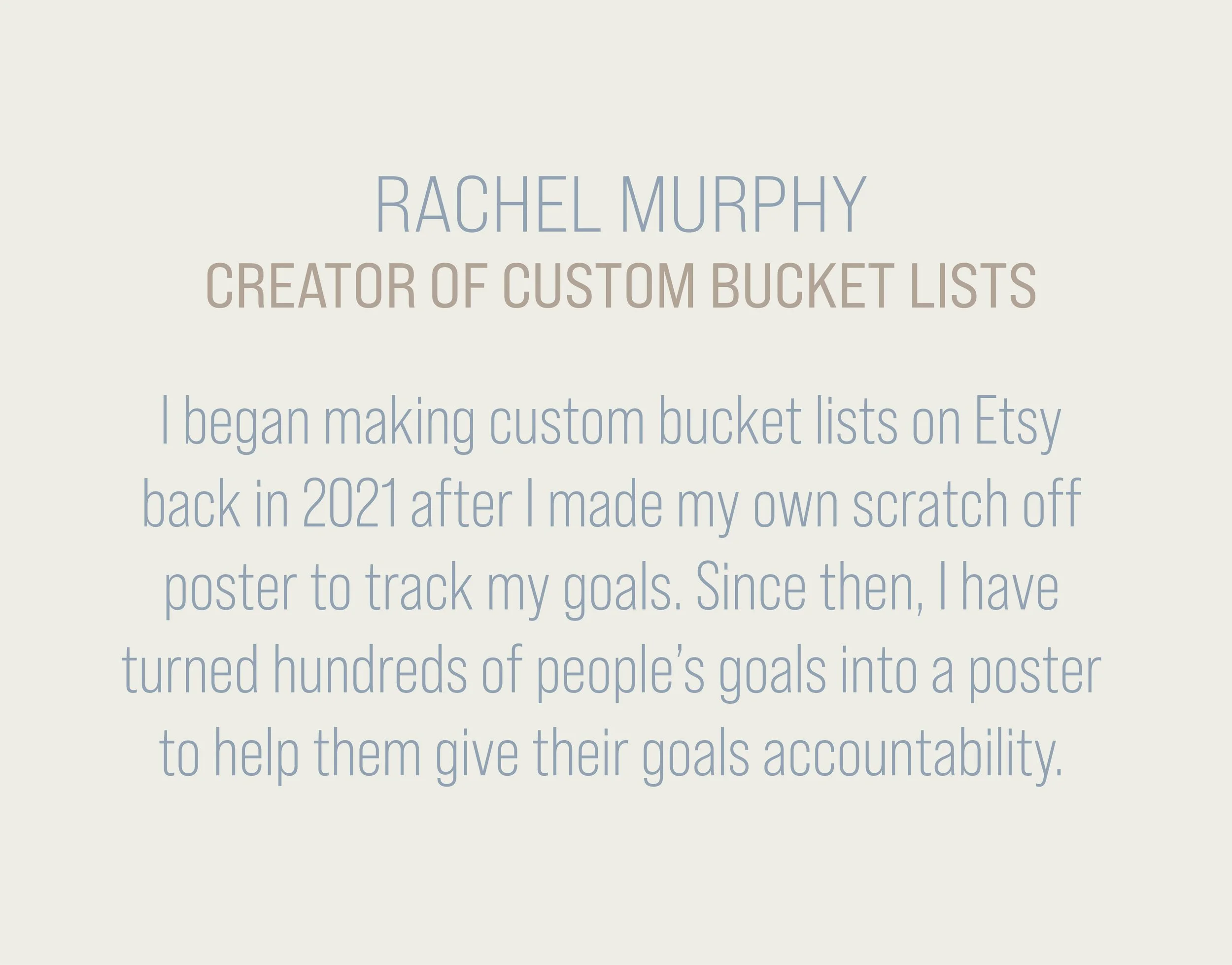 Text-based About section with the name 'Rachel Murphy' and description about creating custom bucket lists on Etsy since 2021.