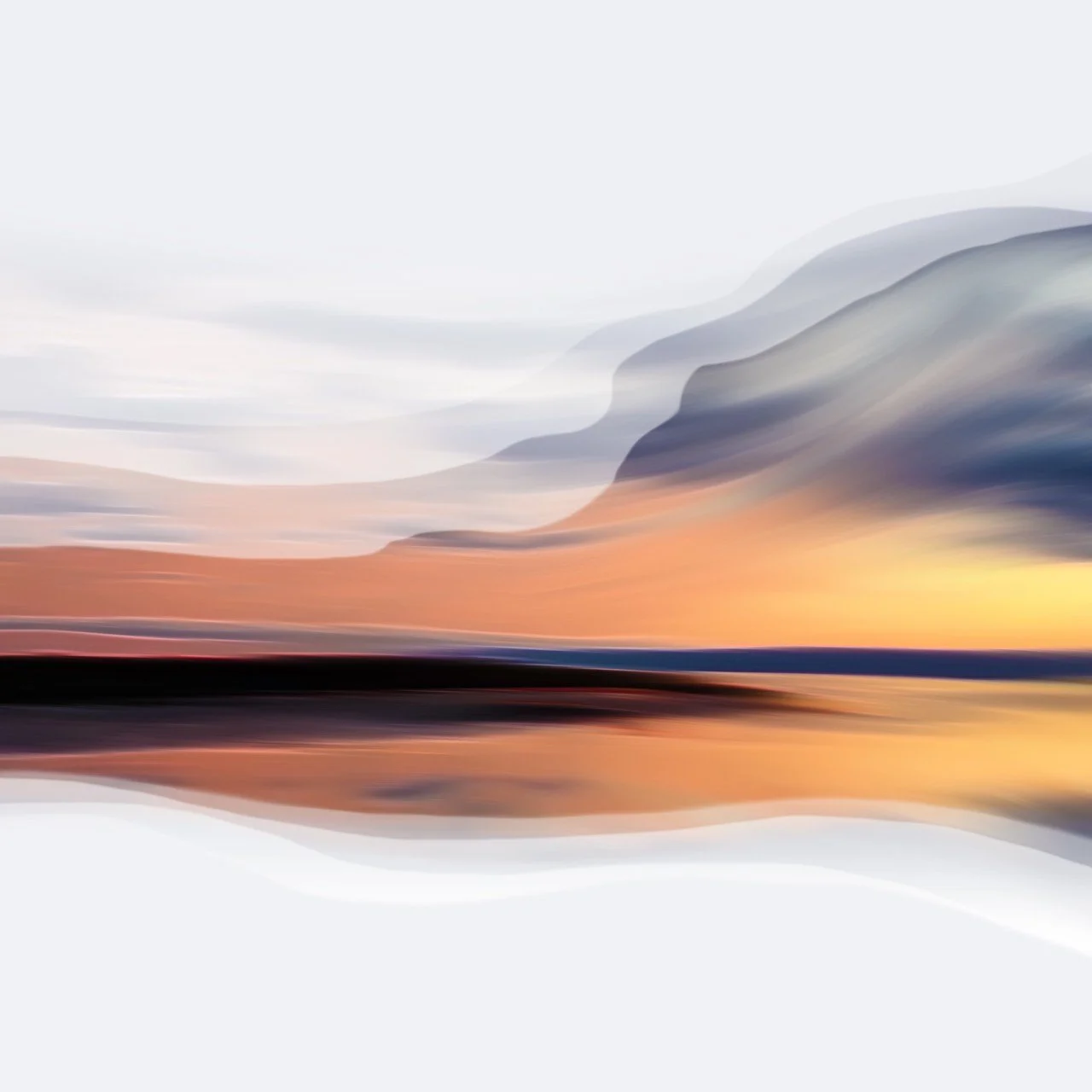 Paysage abstrait ressemblant à un coucher de soleil avec des montagnes et un reflet dans l'eau.