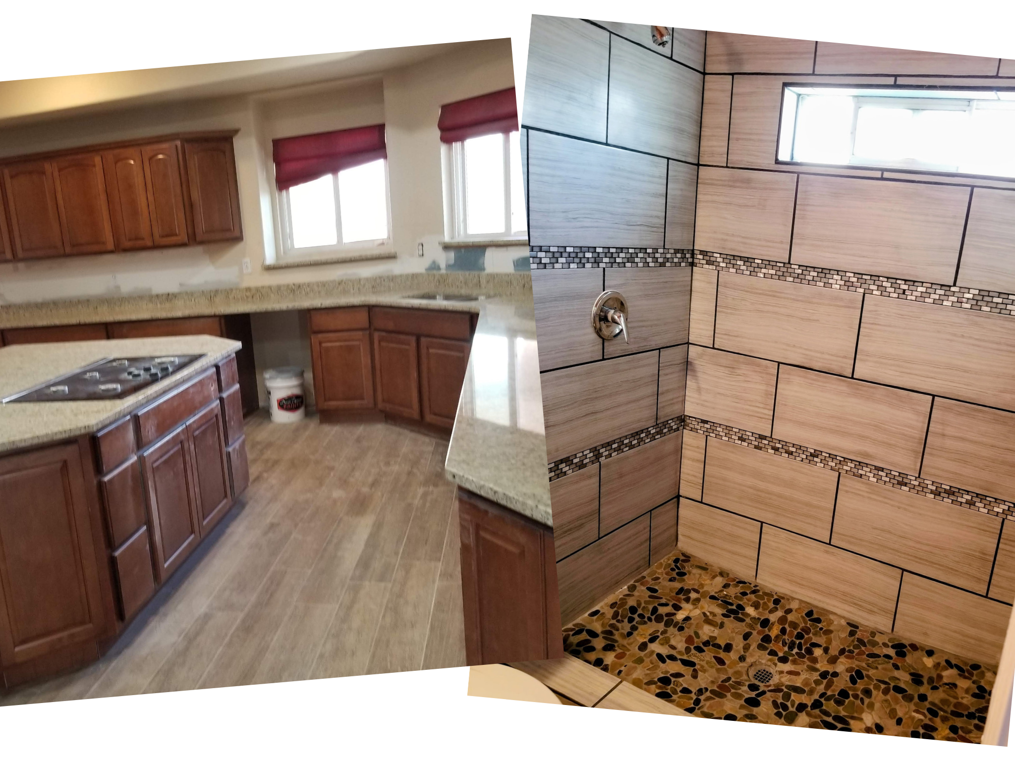 Remodeled kitchen with new cabinetry and granite countertops next to a shower remodel with new fixtures and tile and a mosaic shower floor