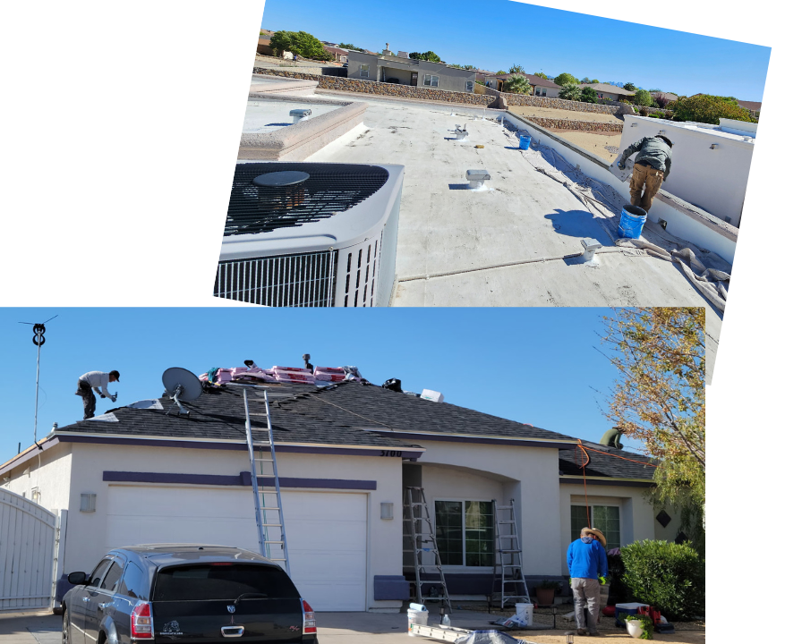 Two images of house roofing work. The top shows a worker on a flat roof with buckets and tools. The bottom shows workers on a sloped roof with ladders, satellite dish, and roof shingles, in front of a house with a garage and parked car.