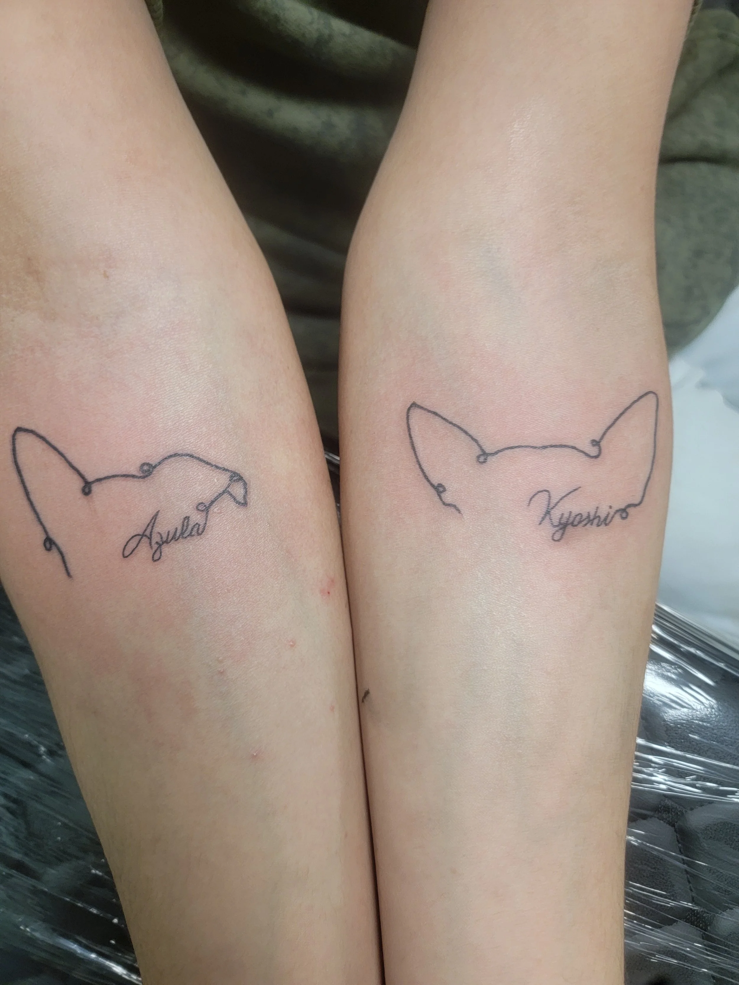 Two arms with matching tattoos of a dog's face and a written name underneath. The tattoos appear to be minimalist line drawings.