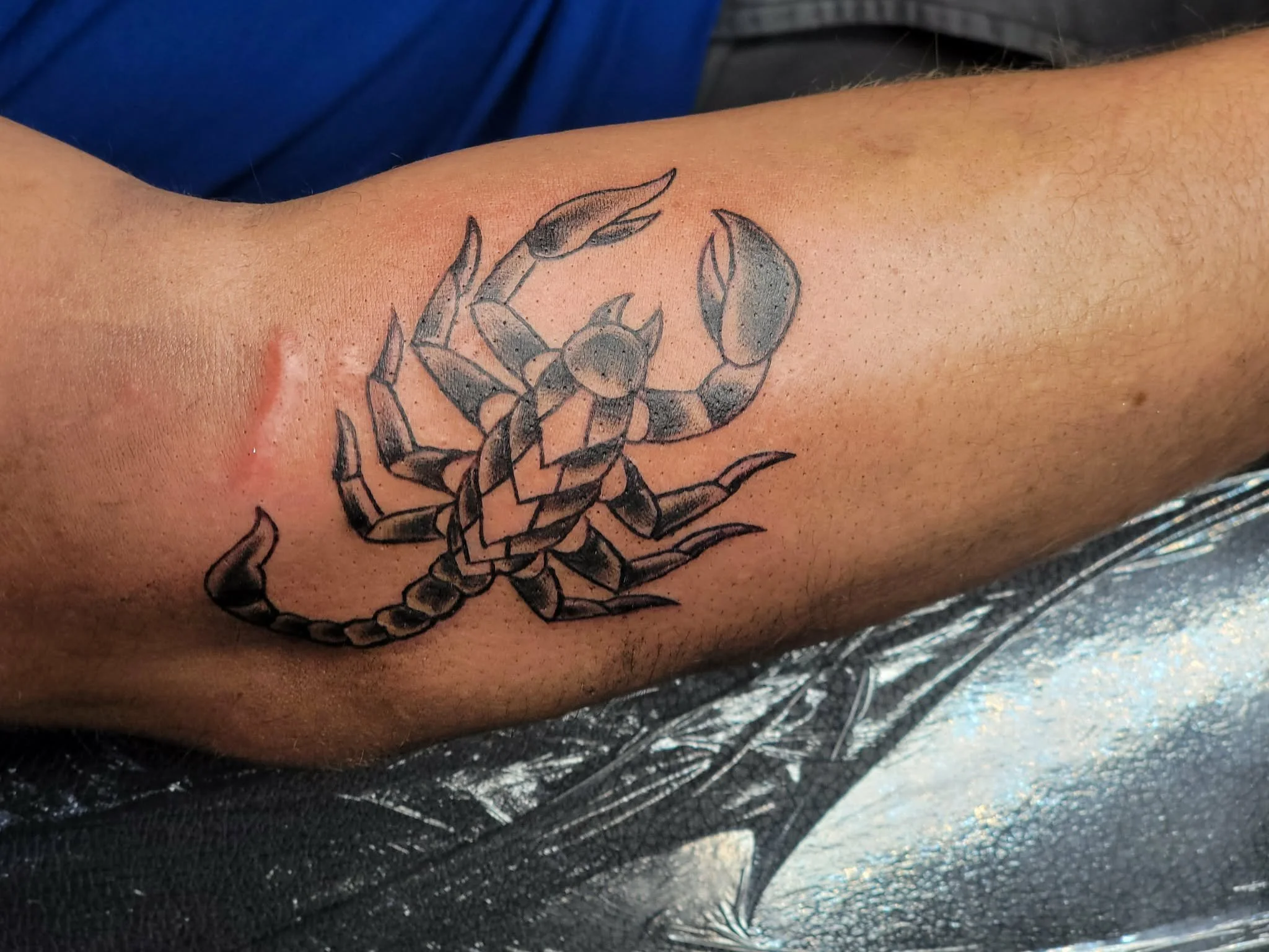 Tattoo of a black and gray scorpion on a person's forearm in traditional style.