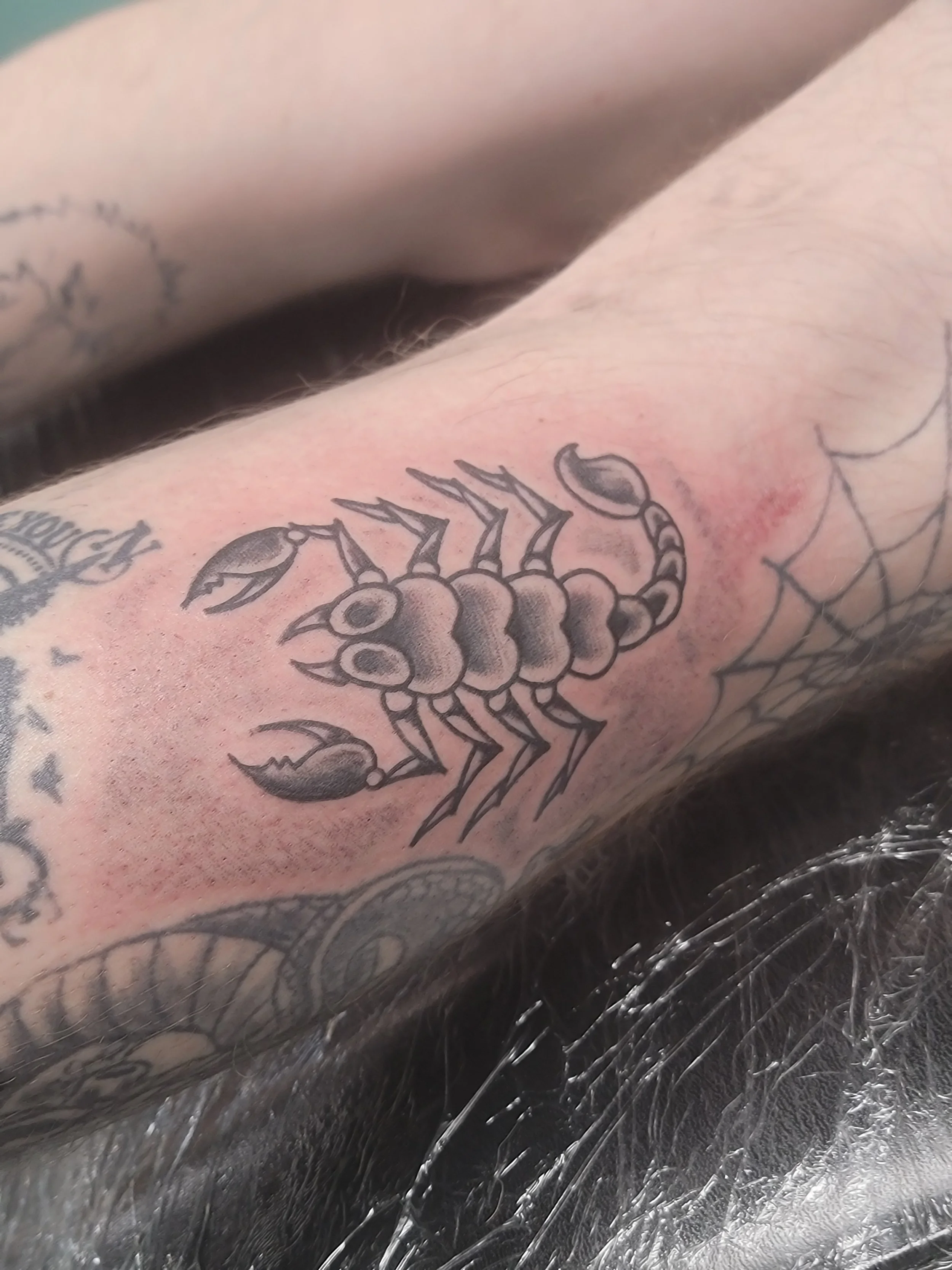 Close-up of a person's skin with a tattoo of a scorpion on an arm, partially covered with transparent plastic wrap.