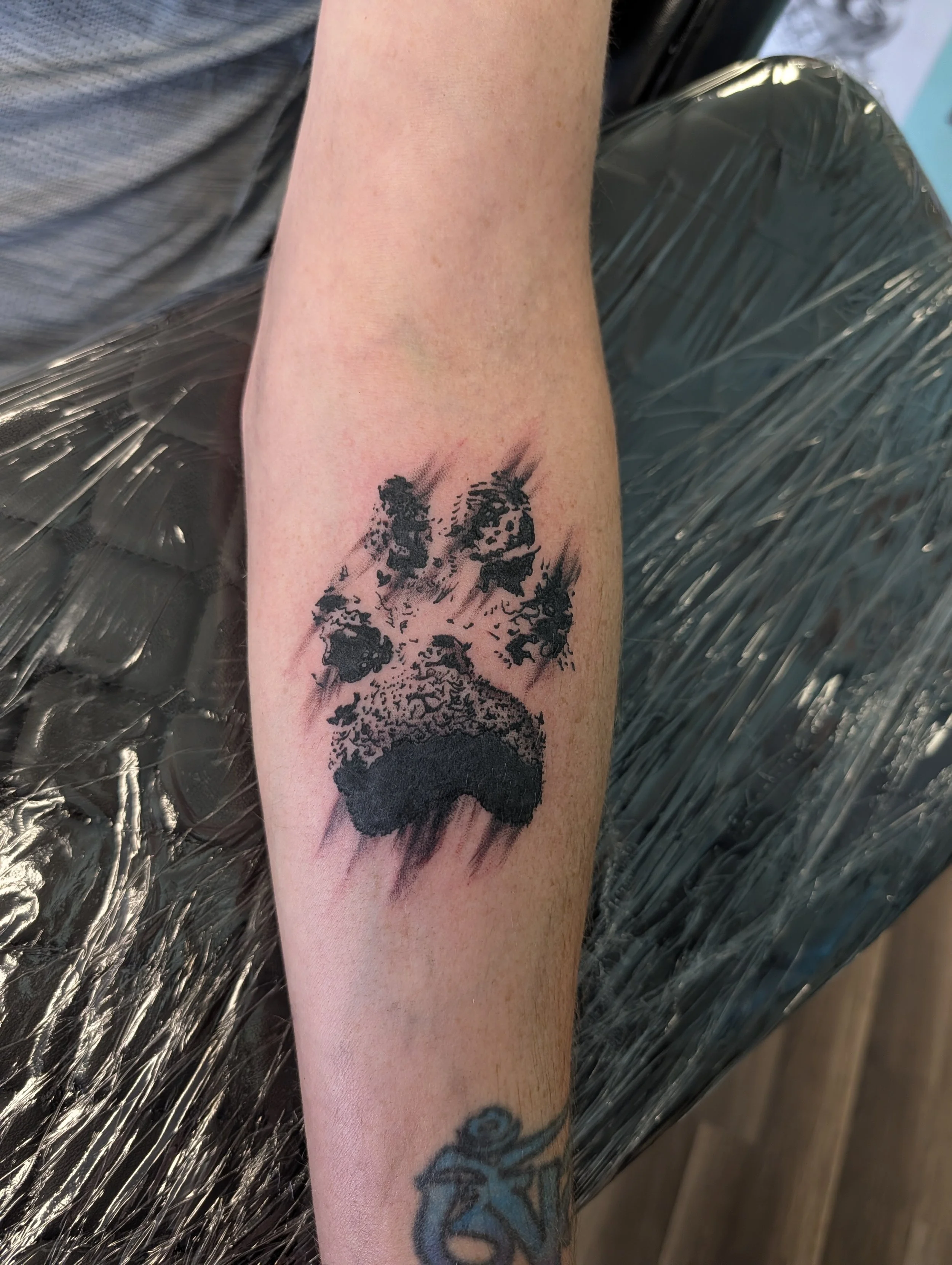 Black tattoo of a dog print made to like like it was smudged on the forearm