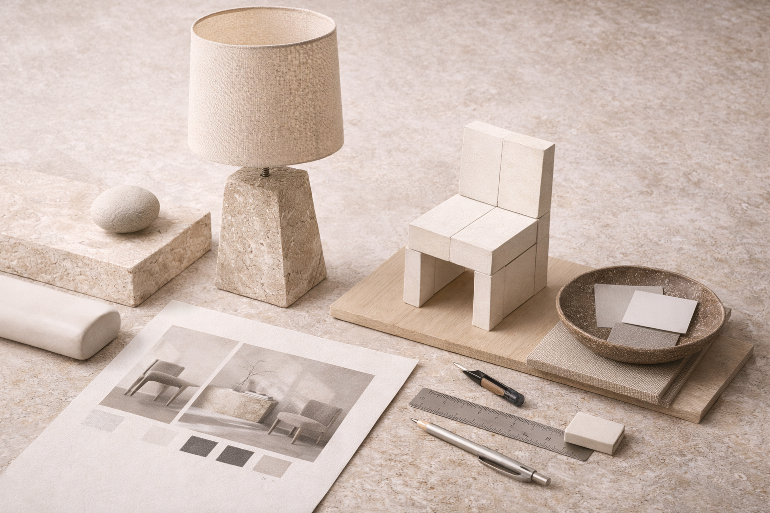 Design workspace with a beige textured surface, featuring a table lamp with a stone base, a small stone and brick sculpture, a miniature chair model, a color palette with neutral tones, and design sketches of interior furniture.