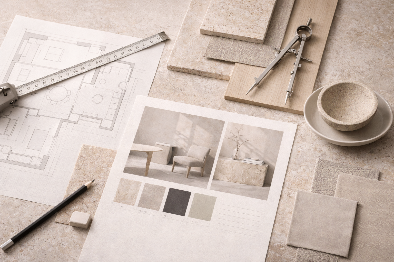 Design and color palette samples, blueprints, and architectural tools on a beige surface for interior design planning.
