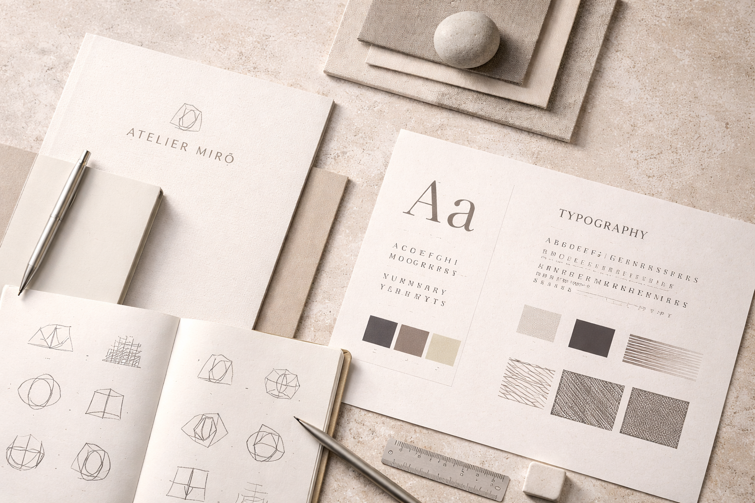 Flat lay of design materials including sketchbook with geometric sketches, printed typography and color palette, notebooks, pen, ruler, textured paper, and decorative stones in neutral tones.