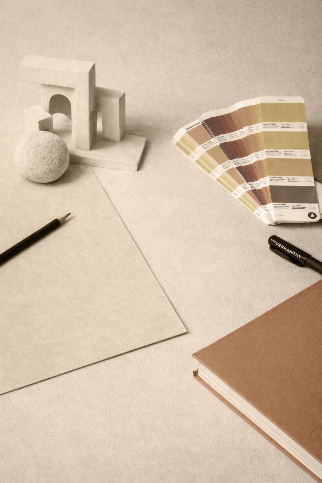 Interior design workspace with color swatches, a brown notebook, a pen, and decorative items including a textured sphere, geometric sculptures, and a palette sample